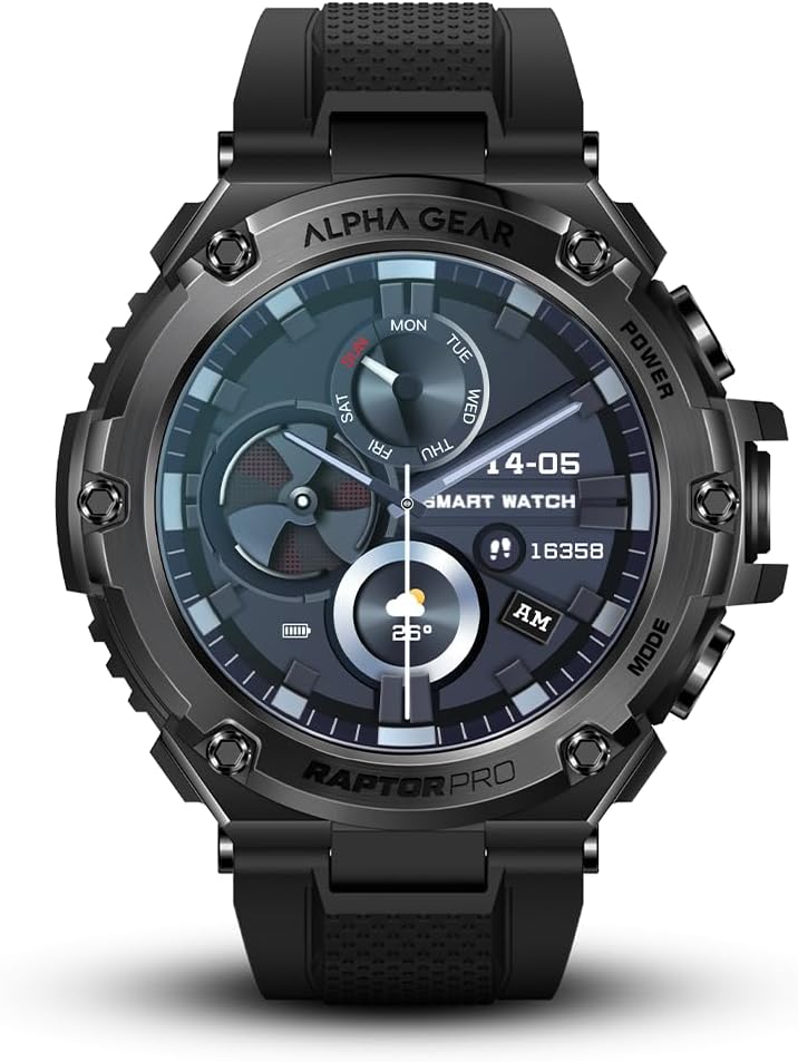 ALPHAGEAR Raptor PRO Smartwatch for iPhone & Android, Rugged Smart Watch (Answer/Make Call), Wellness Tracker with 1.58" AMOLED Screen, 10-1
