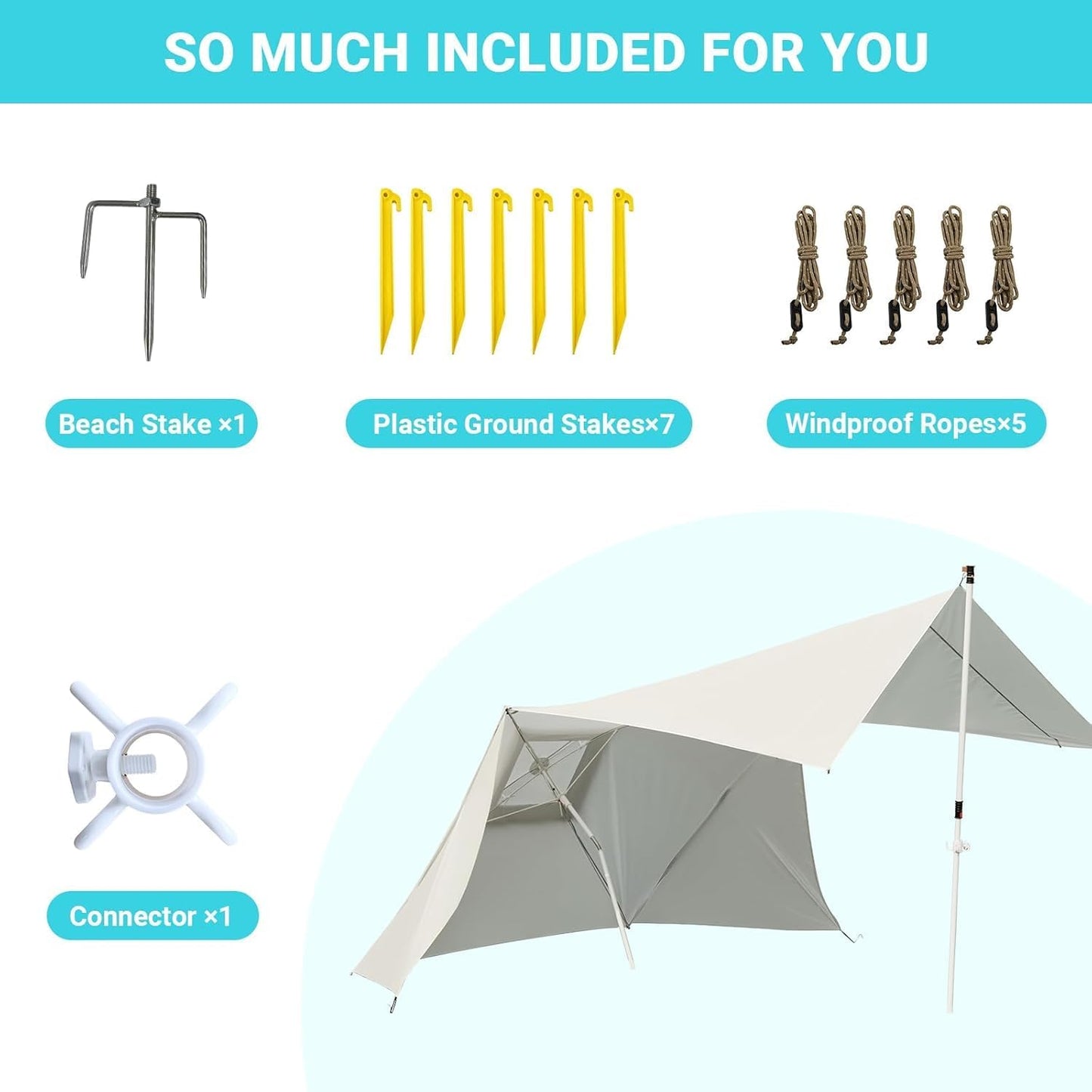 2-in-1 Beach Umbrella and Beach Shade Canopy, 6x6 FT Beach Tent Sun Shelter with Stability Poles, Carrying Bag