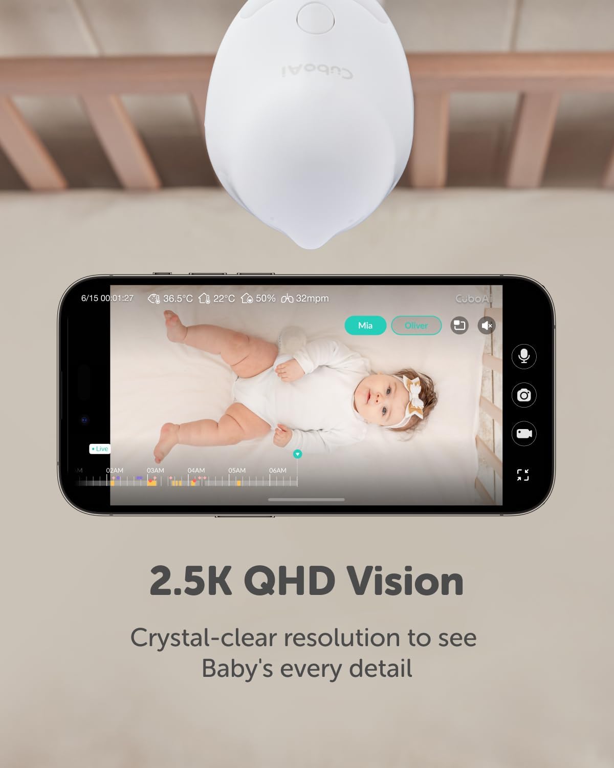 Smart Baby Monitor 3 with Floor Stand, 2.5K QHD Night Vision WiFi Camera, 2-Way Audio, Temperature