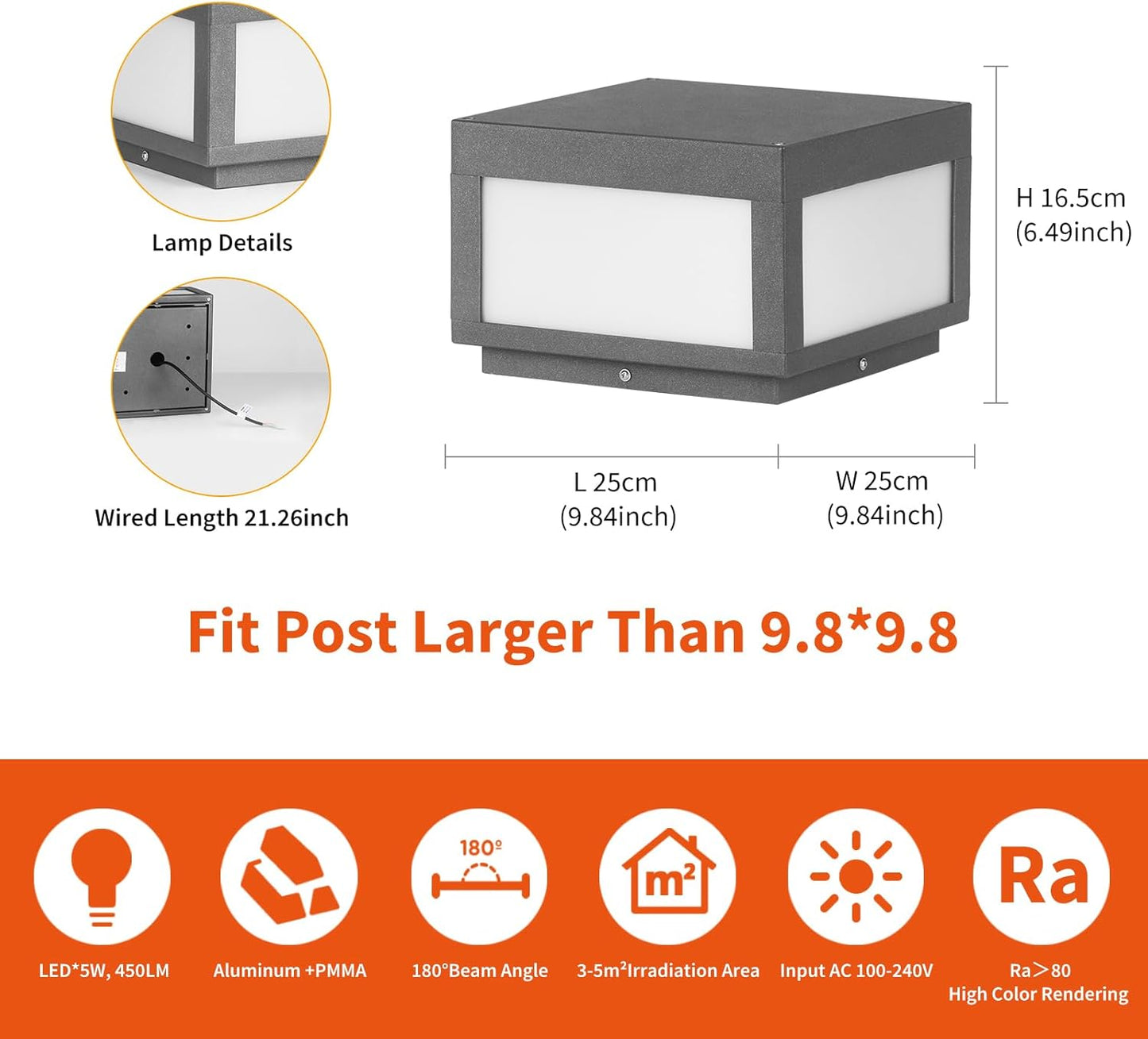 VZVI Modern Post Light, 9.84" Pillar Lights Outdoor IP65 Waterproof Fence Cap Deck Lamp, 3000K Luxury LED Column Lights Hard Wired Landscape