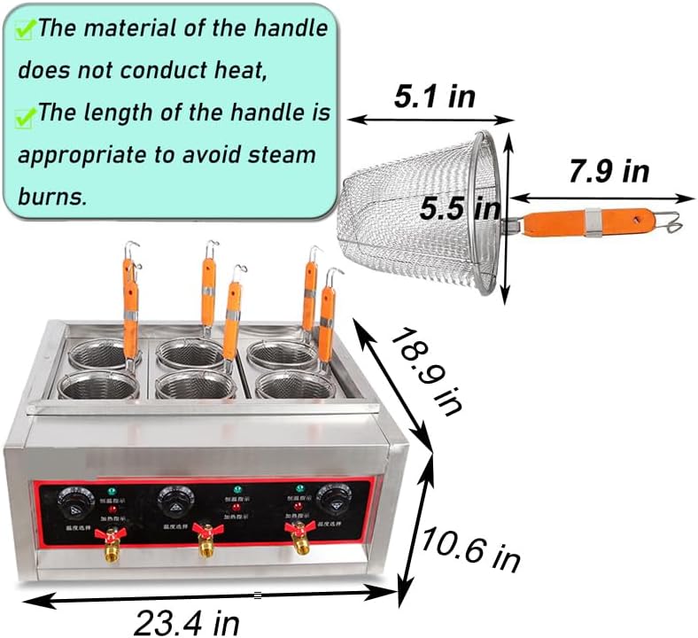 PreAsion 220V Commercial Pasta Cooker with 6 Noodle Filter Electric Pasta Cooking Machine Multifunctional Pasta Warmer Noodles Cooker 6KW for Cooking