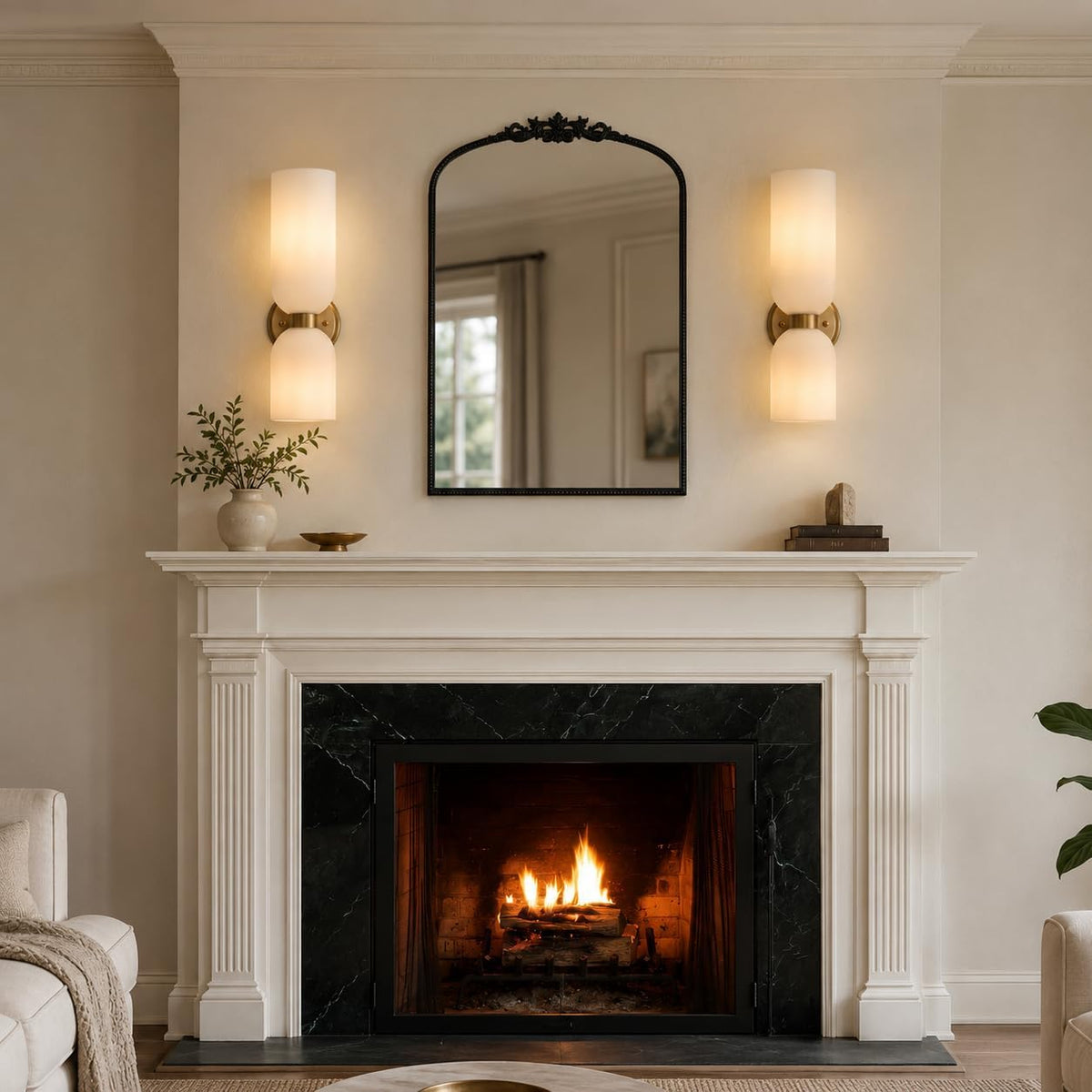 Gold Wall Sconces Set of 2 - Milk Glass Champagne Bronze Light Fixtures