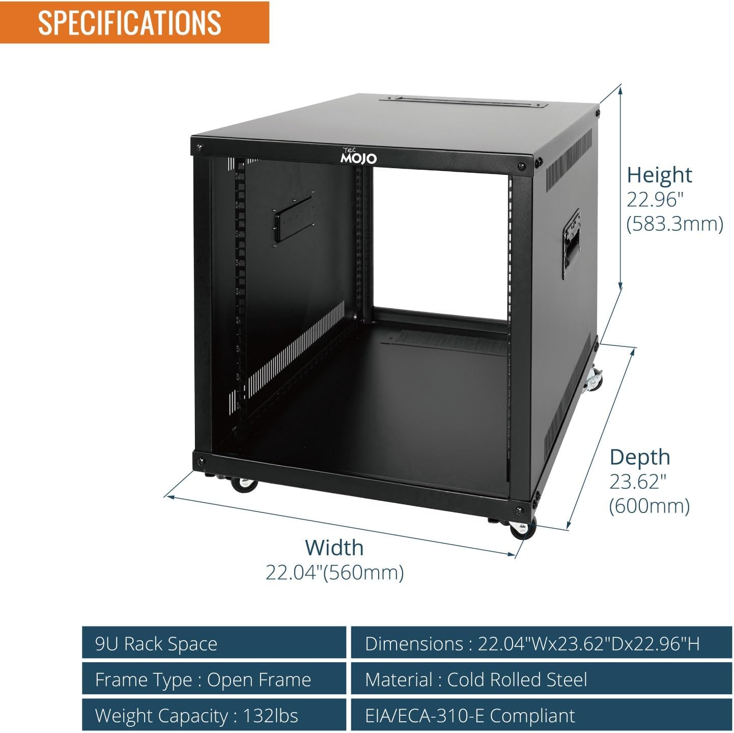 Tecmojo 9U Mobile Server Rack Enclosure, 23.62'' Deep, 19'' Network Rack with Wheels, Rolling Network Rack for Computer/AV/Data/IT