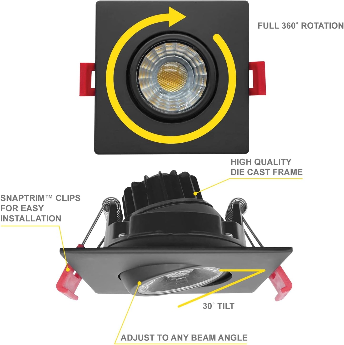 NUWATT | 16 Pack | Black 3 Inch Square Adjustable LED Ceiling Light Gimbal Recessed Lighting Dimmable Canless Downlight 5CCT 2700K | 3000K | 3500K |
