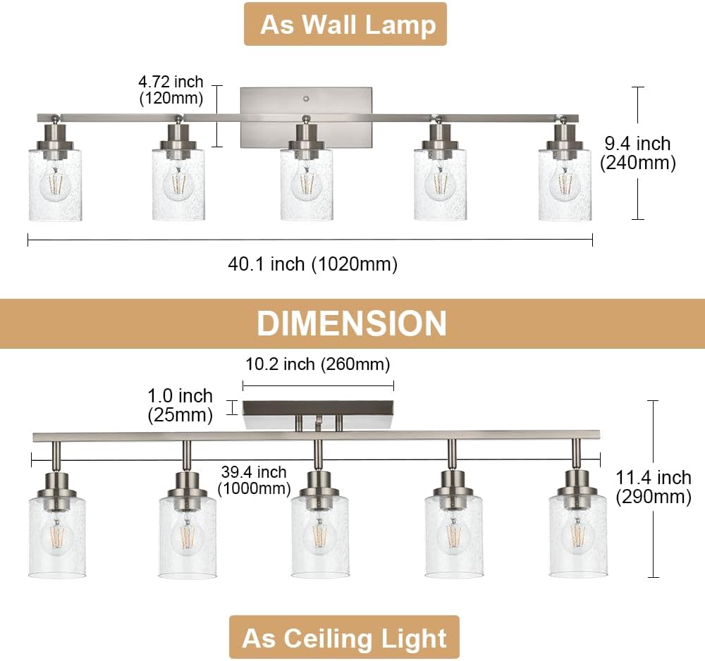 WINSHEN 5-Light Track Lighting Kit, Bathroom Vanity Light Ceiling Spotlight in Brushed Nickel for Kitchen Shop, Seeded Glass Shades (Brushed Nickel,