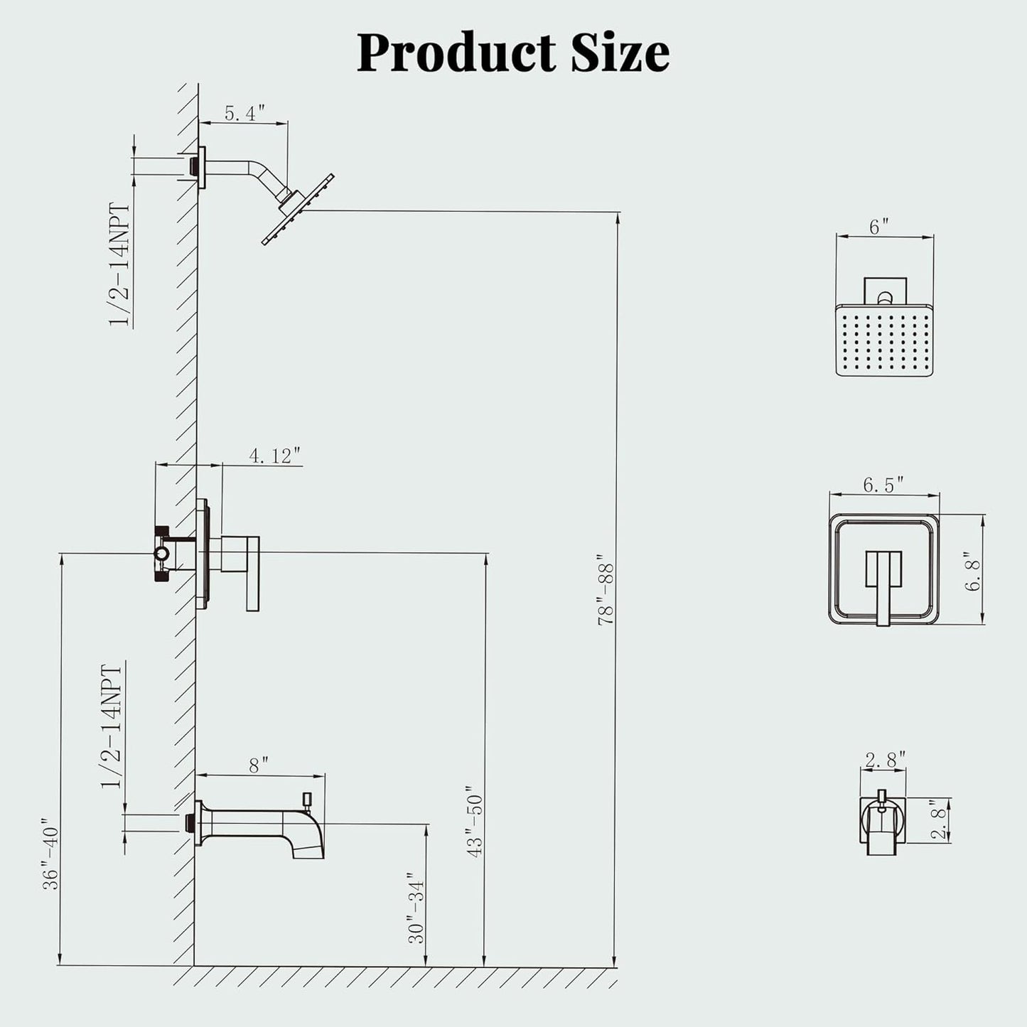 Gabrylly Shower Faucet Set, Bathtub Faucet with 6" Rain Black Shower Head and Handle Set, Single-Handle Tub Shower Tr