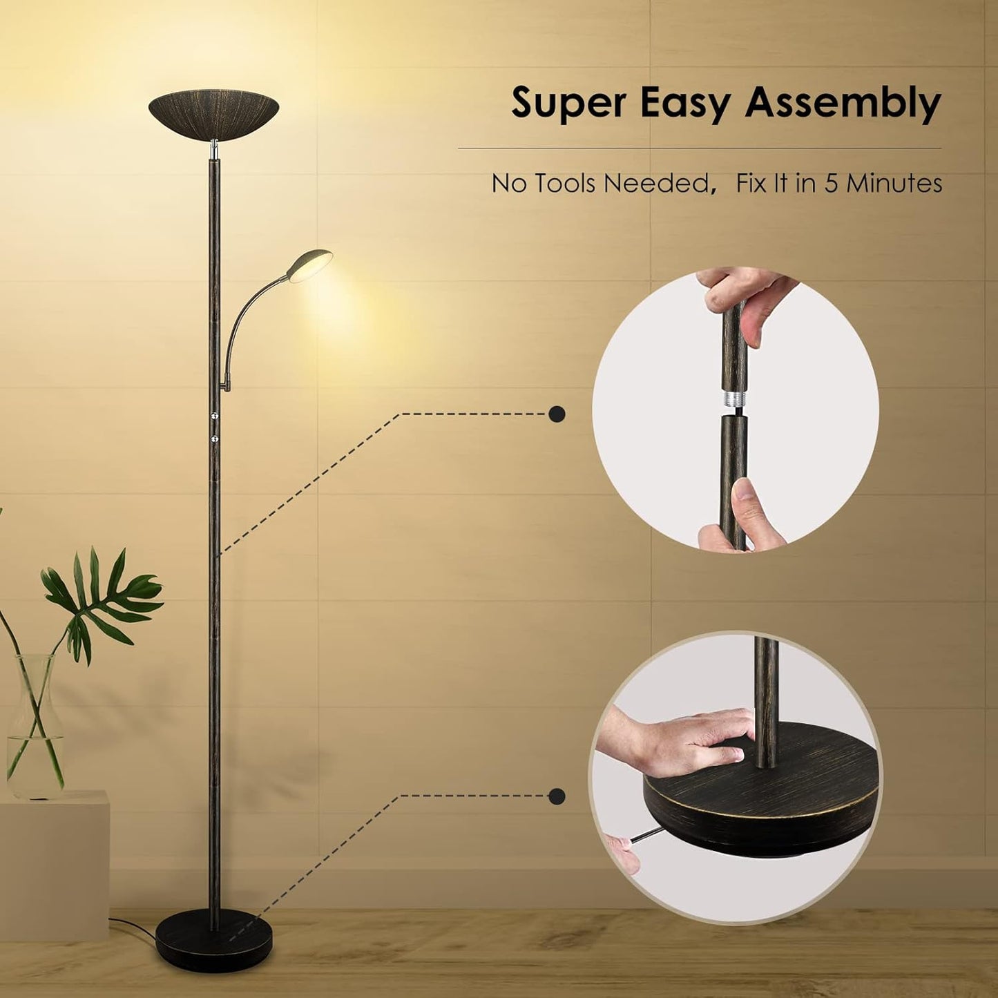 Floor Lamp, LED 20W/2000LM Bright Torchiere Floor Lamp with 5W Adjustable Reading Lamp, Stepless Dimmable Standing Lamp, 2 Rotary Switch, Modern