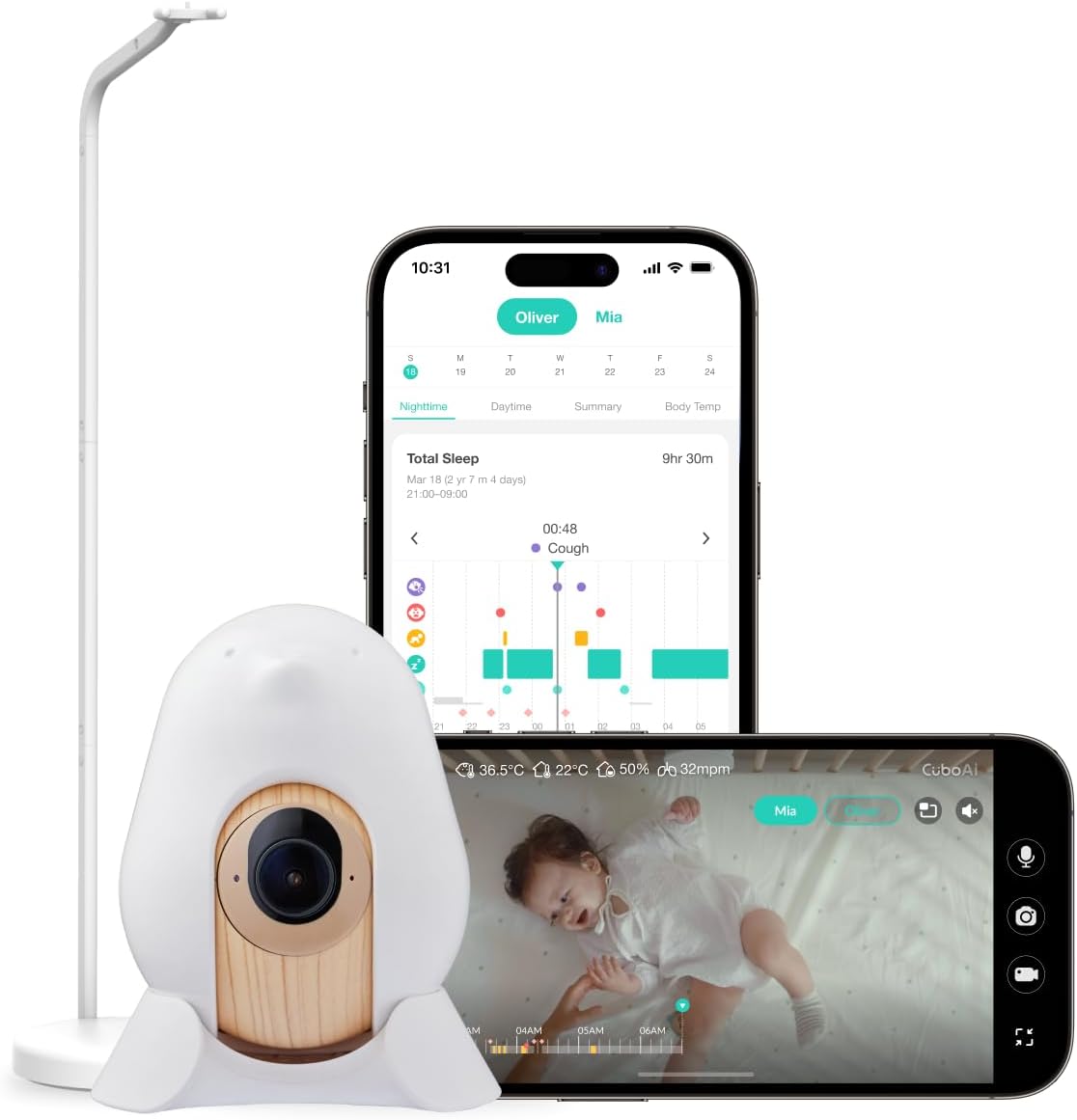 Smart Baby Monitor 3 with Floor Stand, 2.5K QHD Night Vision WiFi Camera, 2-Way Audio, Temperature