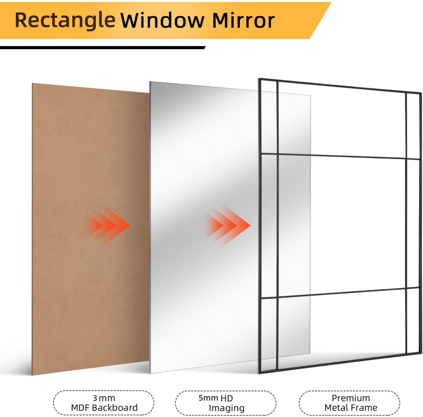 Black Rectangular Window Mirror, 31x47 Large Windowpane Wall Mirror, Window Pane Grid Mirror