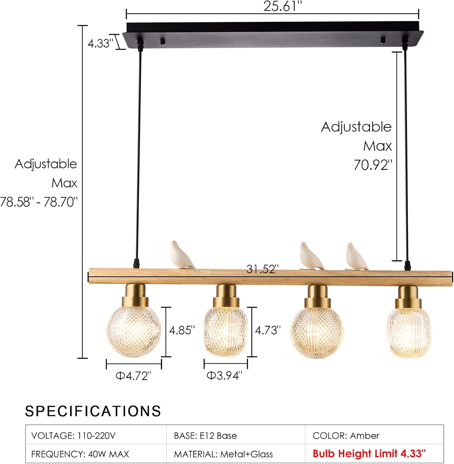 MINGLD.LAMP 4-Light Kitchen Island Lighting Vintage Glass Chandelier Goble Pattern Glass Hanging Light Fixture for Kitchen Island Dining Room