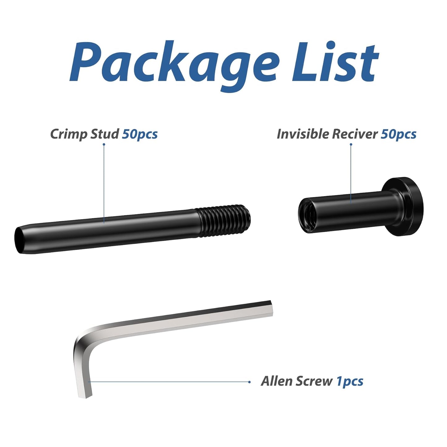 50 Pack 1/8" Black Invisible Cable Railing Hardware Kit, T316 Stainless Steel Receiver and Crimp Stud Ends for Cable Railing, 1/8" Swage