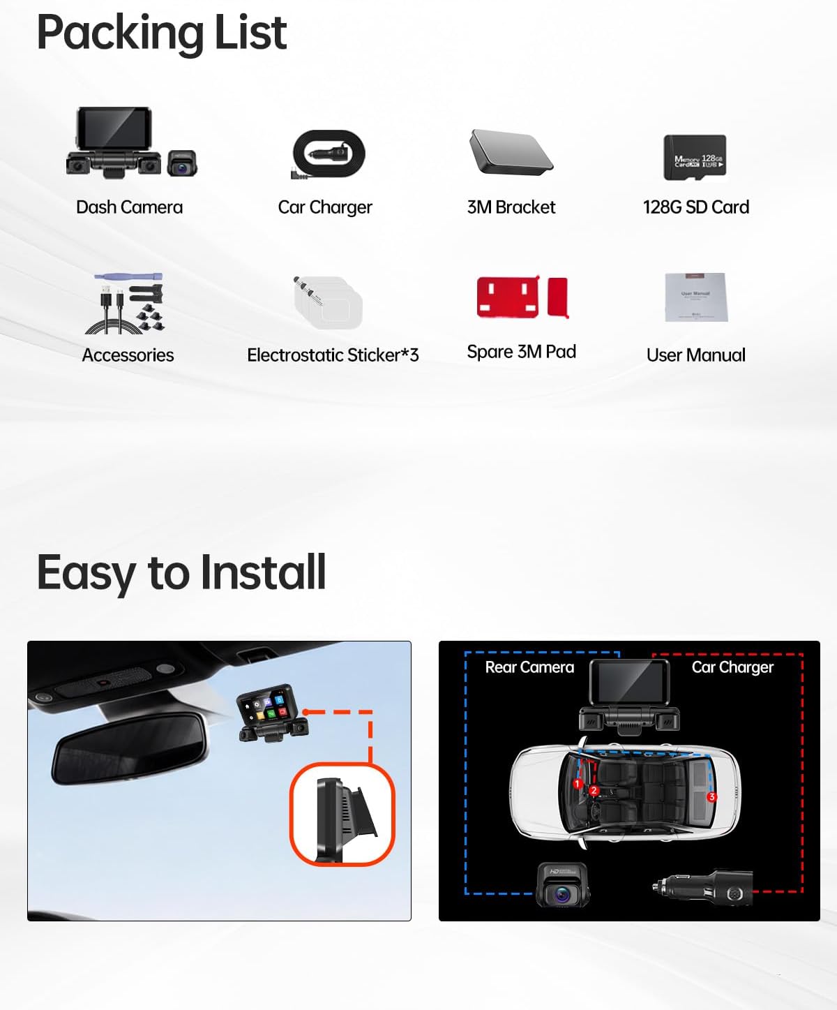 I9PRO 2K 4 Channel Dash Cam Front and Rear Inside, 360°View, 4" Touch Screen Dash Camera for Cars, 8 IR Lamps Night Vision, GPS, Wi-Fi & App, G-Sensor, 24H Parking Mode, with a Free 128G SD Card