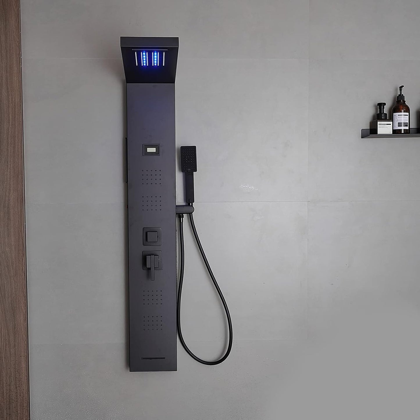 BWE LED Shower Panel Tower System Matte Black 5-Function Shower Column with Rainfall Waterfall Shower Head 4 Body Jets with Tub Spout Water