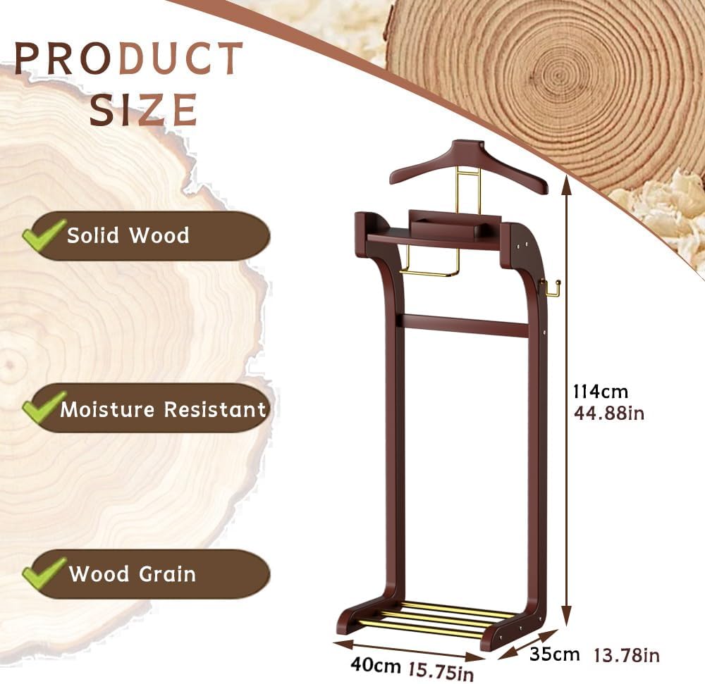 Dkjdssek Suit Valet Stand for Man and Women, Wood Clothing Valet Stand Suit with Contour Hanger, Tray, Trouser Bar, Tie Bar and Shoe Rack, for