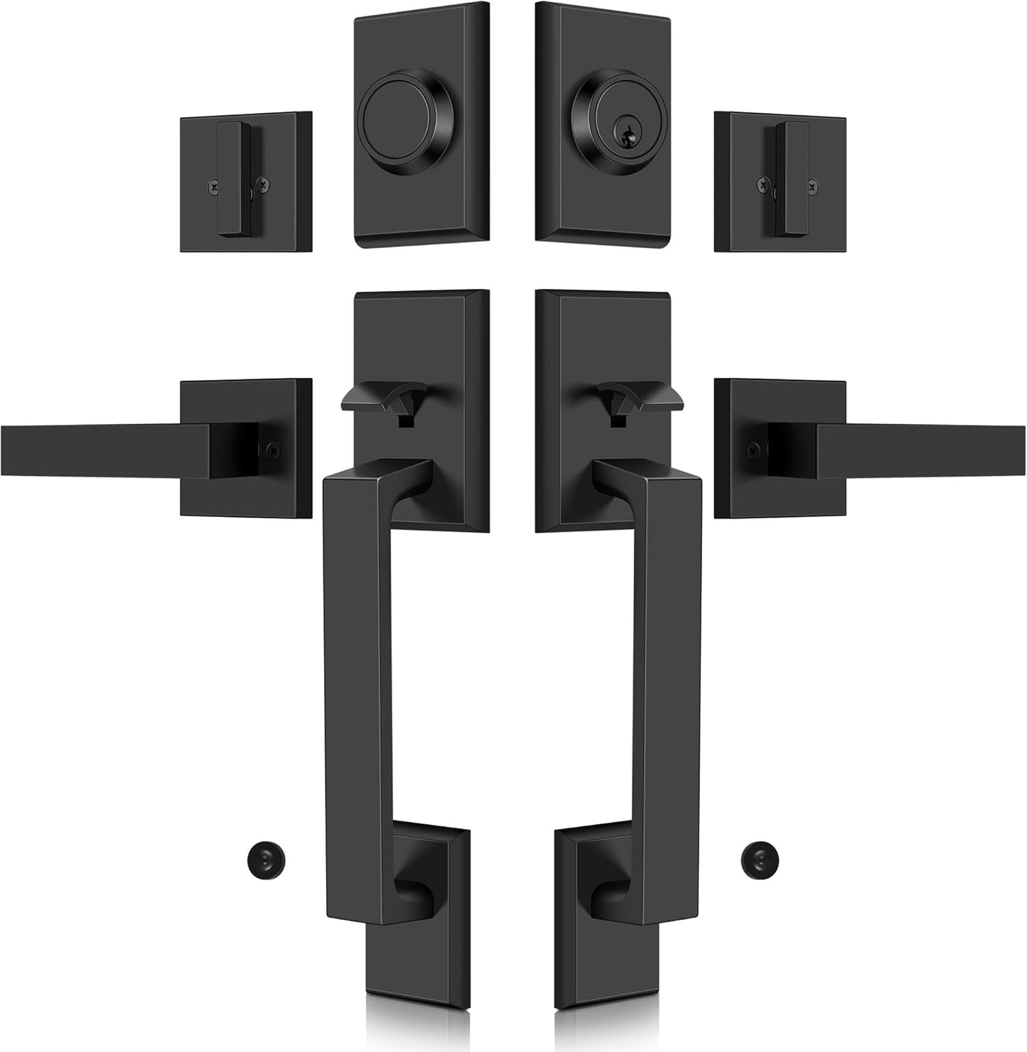 Double Front Door Lock Set, Square Heavy Duty Double Door Handle with Dummy, Handleset with Deadbolt, Black