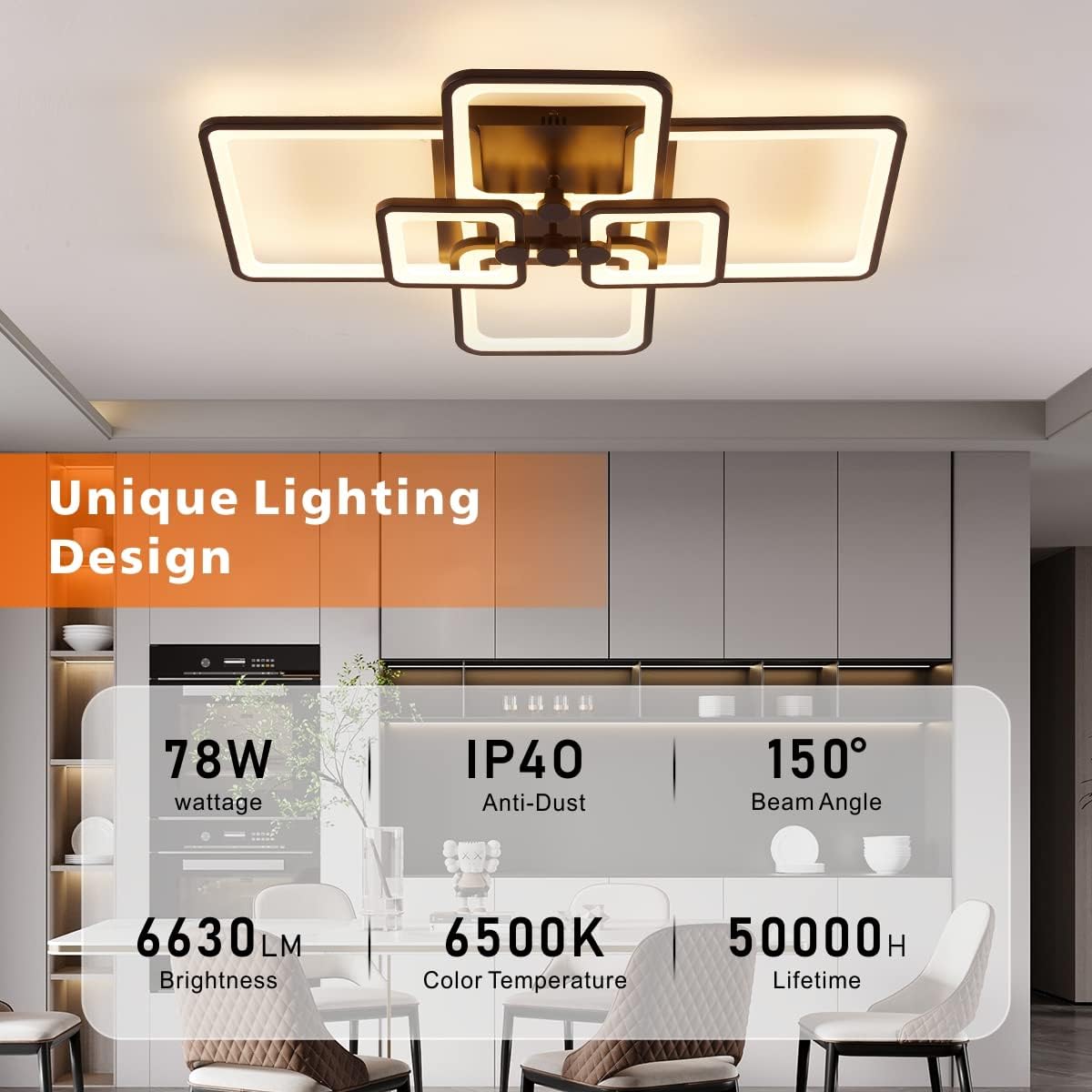 HIHIHOMY Modern LED Ceiling Light,Dimmable Modern Ceiling Lights,6 Rings Square Ceiling Lamps with Remote Control, 3-Color Flush Mount Light