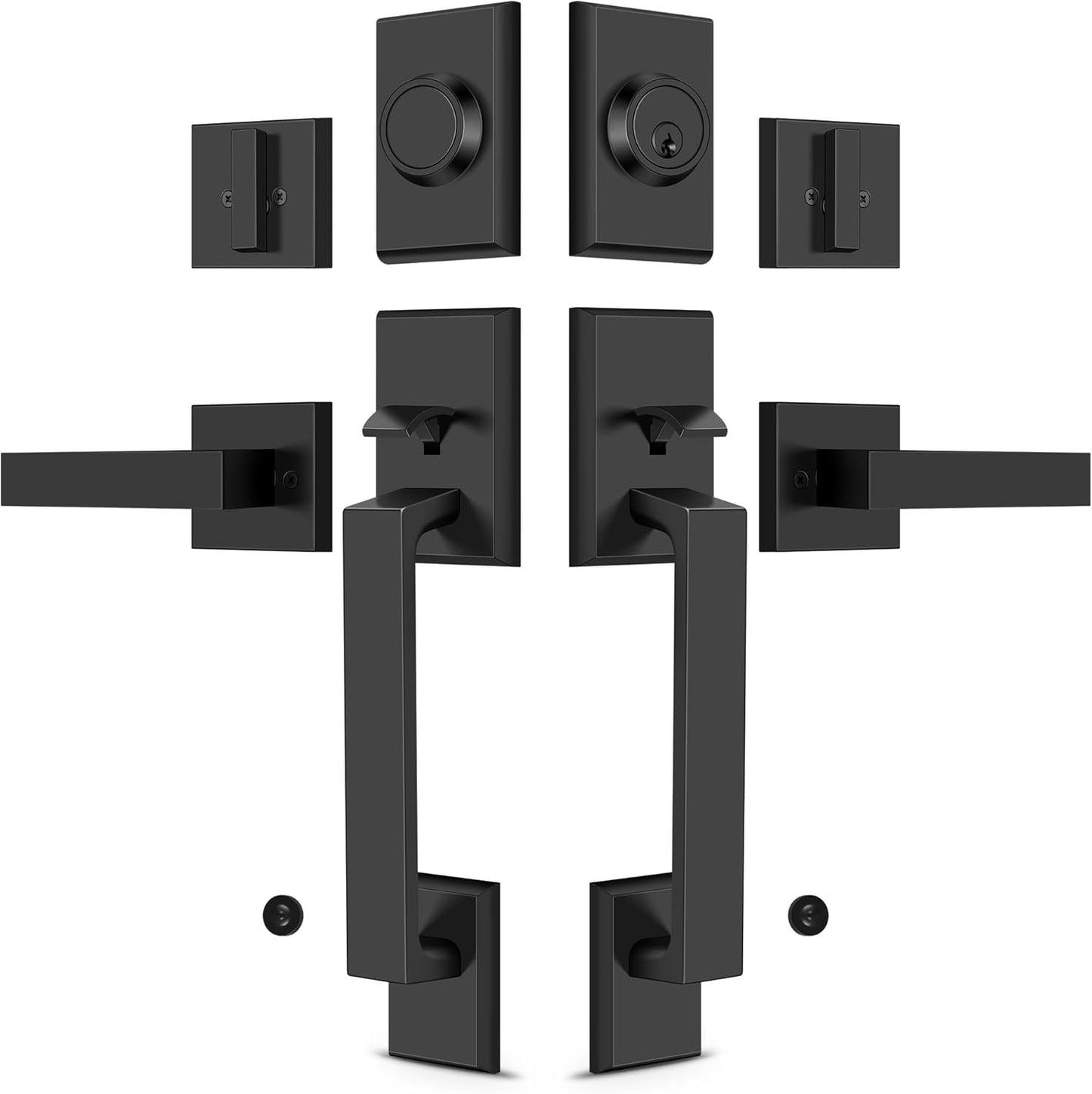 Double Front Door Lock Set, Matte Black Square Front Door Hardware Set, Heavy Duty Door Handle