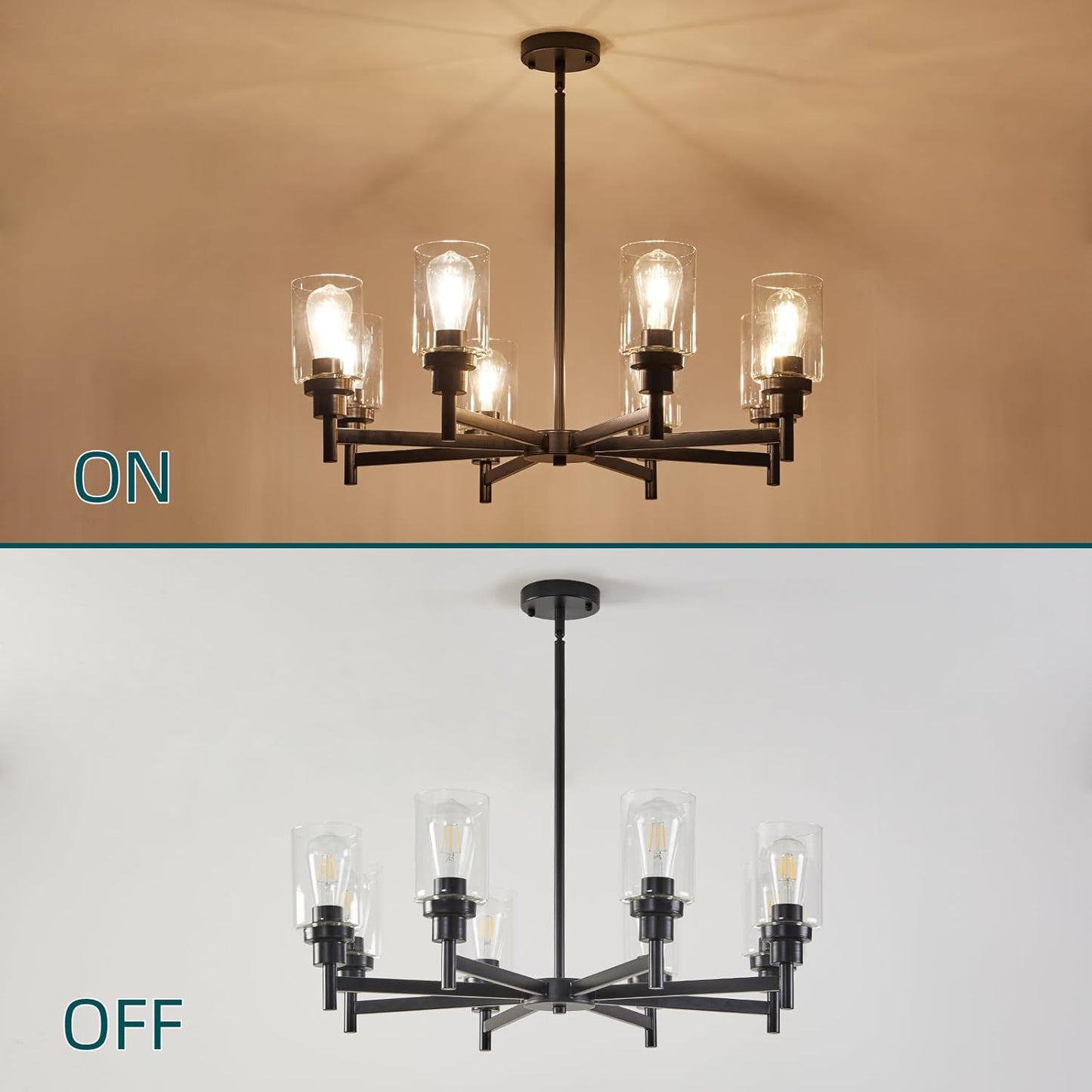 Farmhouse Modern Contemporary Industrial Ceiling Hanging 8-Lights Black Chandelier Pendant Lighting Fixture with Glass Shade