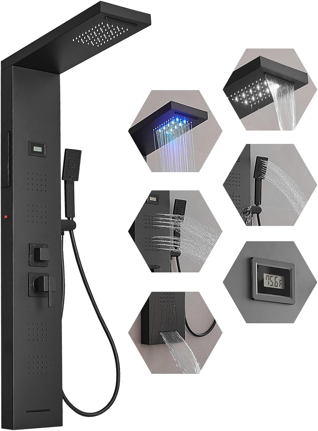 BWE LED Shower Panel Tower System Matte Black 5-Function Shower Column with Rainfall Waterfall Shower Head 4 Body Jets with Tub Spout Water
