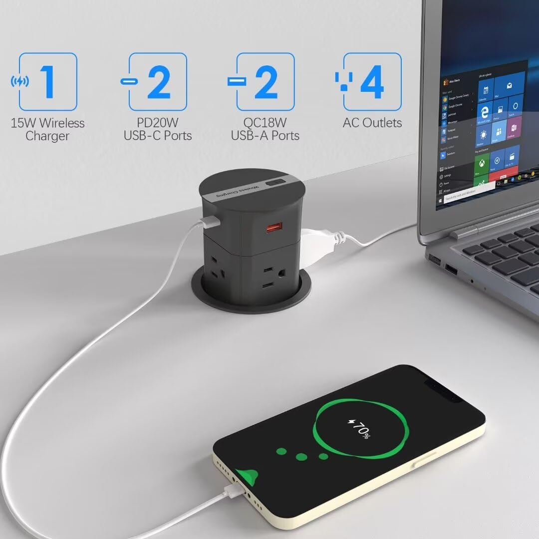 ANNQUAN 3.15" Pop Up Countertop Outlet with 15W Wireless Charger,Max 20W Power Delivery,800J Surge Protection,