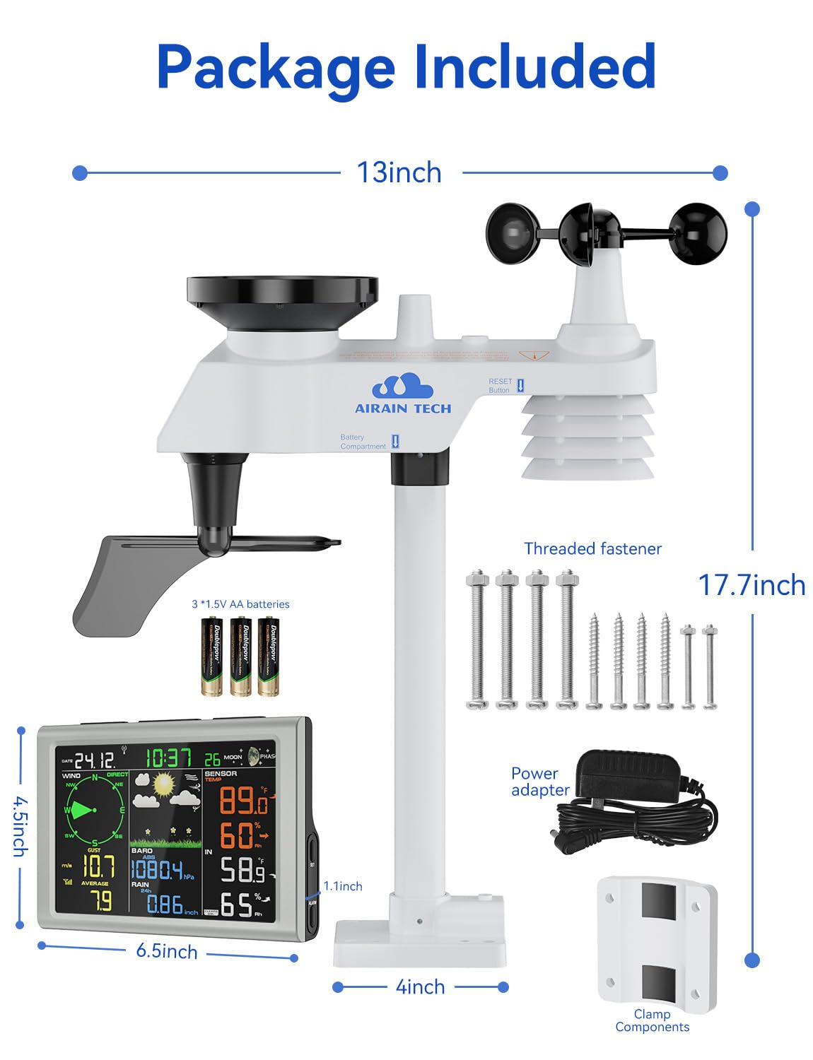 Wireless Weather Station with Outdoor Sensor, Rain Gauge, Atomic Clock, Wind Speed/Direction, Indoor Temperature/Humidity, Barometer, Weather Forecast. (No WiFi)