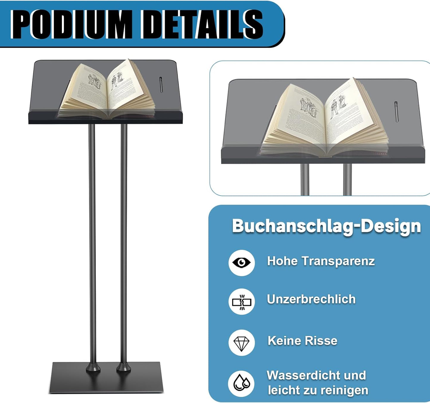 Acrylic Podium Lectern with Iron Stable Bottom, Pulpits for Churches with 10MM Thickened Acrylic Countertop