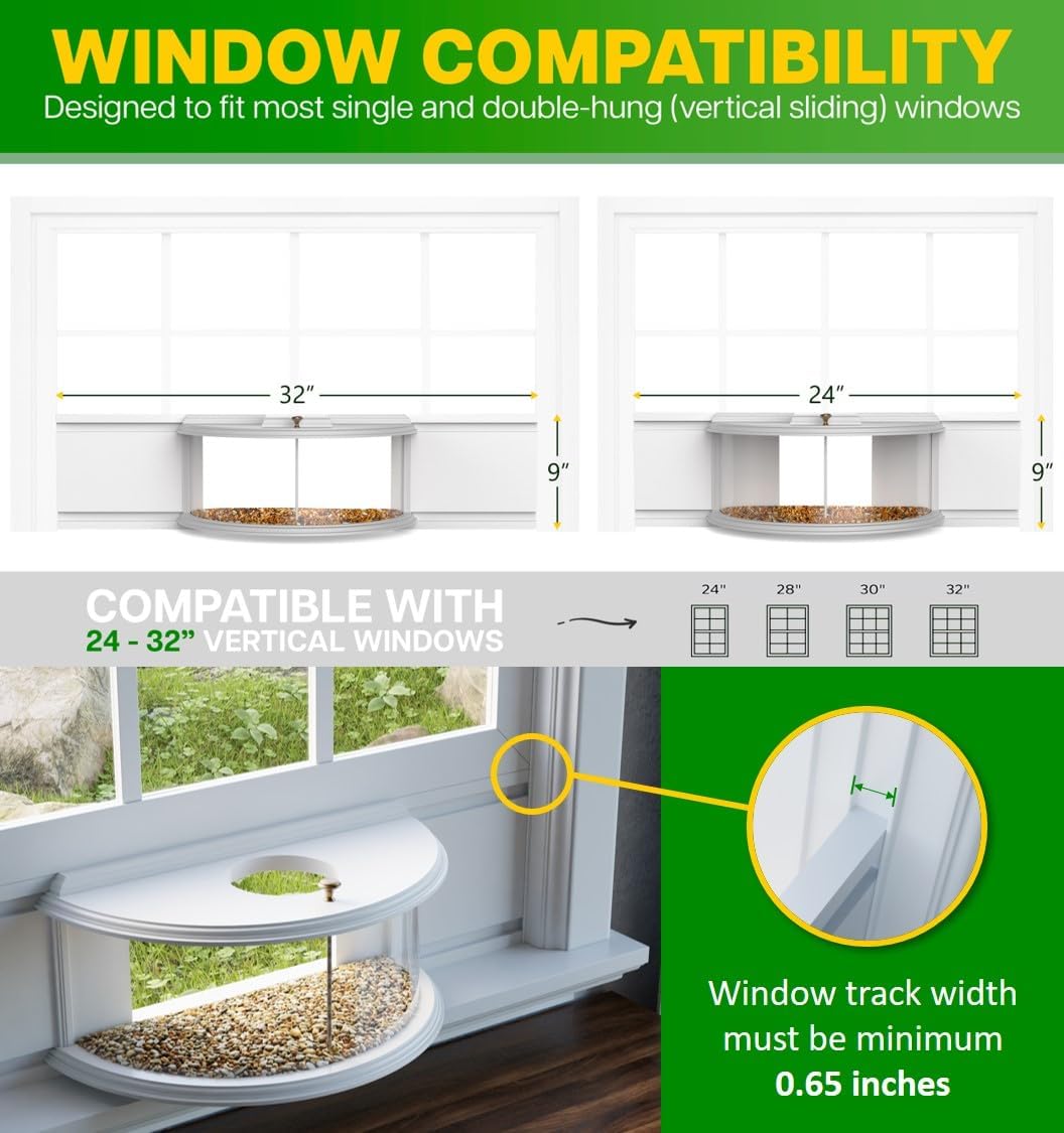 Indoor Window Bird Feeder Inside House for See Through Viewing with Sealing Foam Tape, 24 to 32 Inch Windows