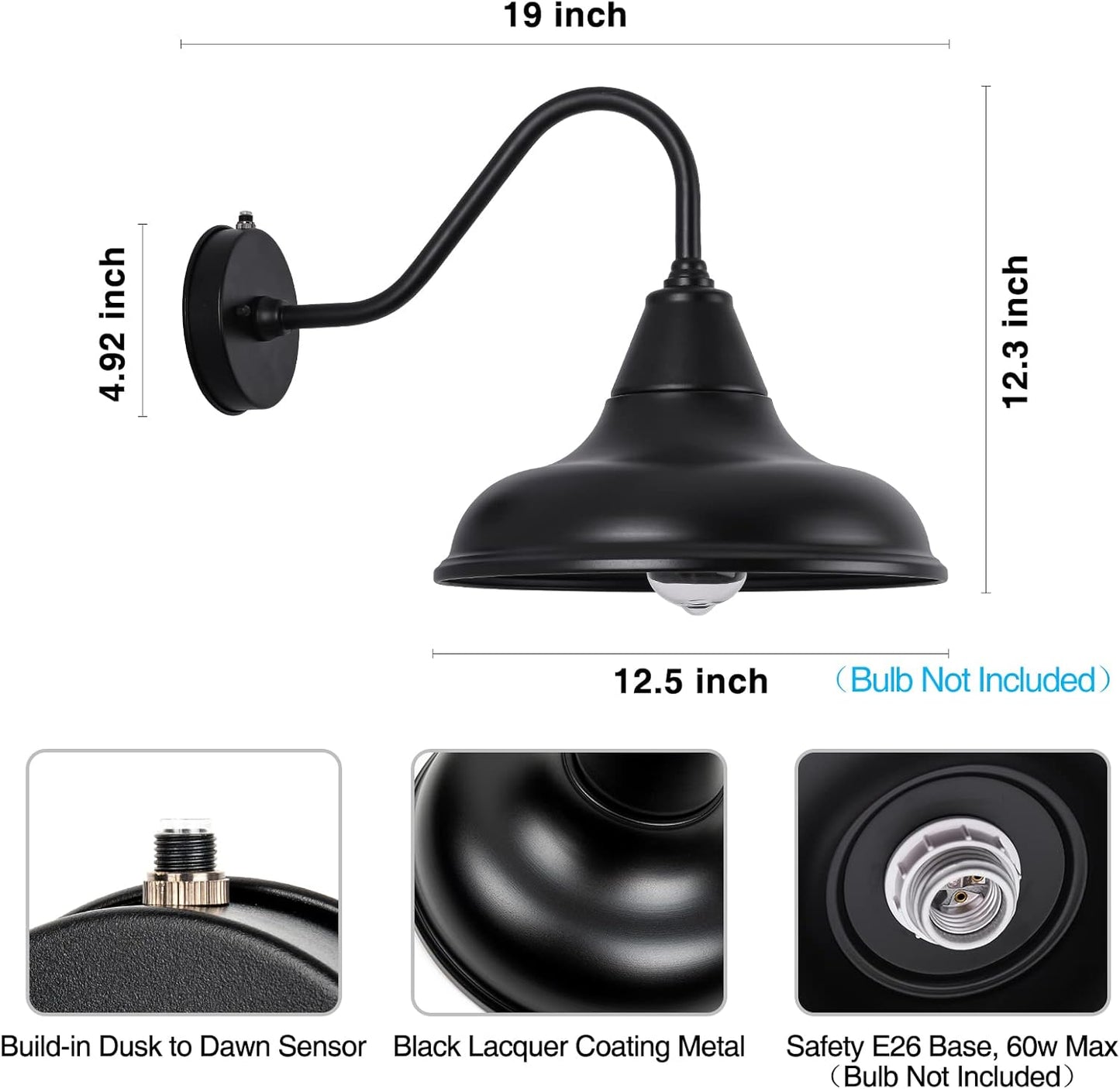 METOJIA Gooseneck Barn-Lights Outdoor Fixture - 12.5 inch Farmhouse Exterior Sconce Wall Light for House, Dusk to Dawn Sensor Front Door Porch Garage
