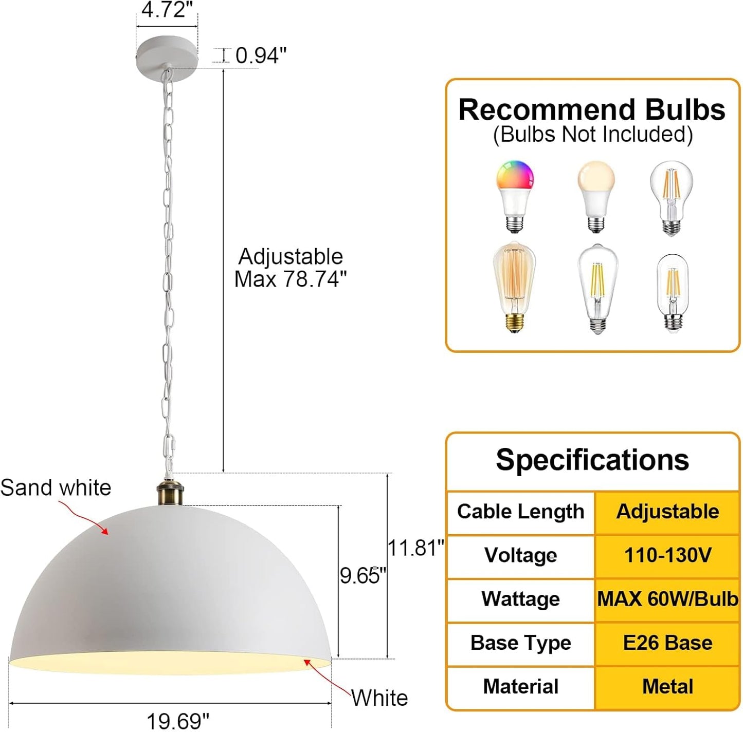 YHANFENGCY Vintage Chandelier 19.69 "Industrial Dome Chandelier White and Gold Finish Lighting lamp line Length 78.7