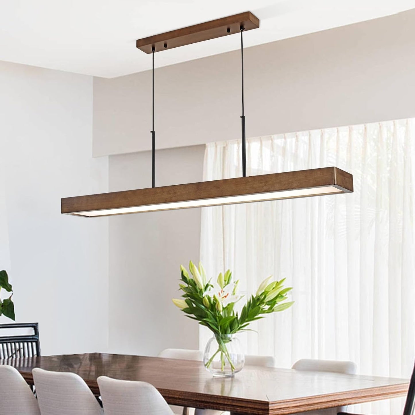 CmnVmn 39.3" Dimmable Wooden Linear Pendant Lighting Island Lights,LED48W Adjustable Color temperature6000K 4200K 3000K for Dining Room Bar