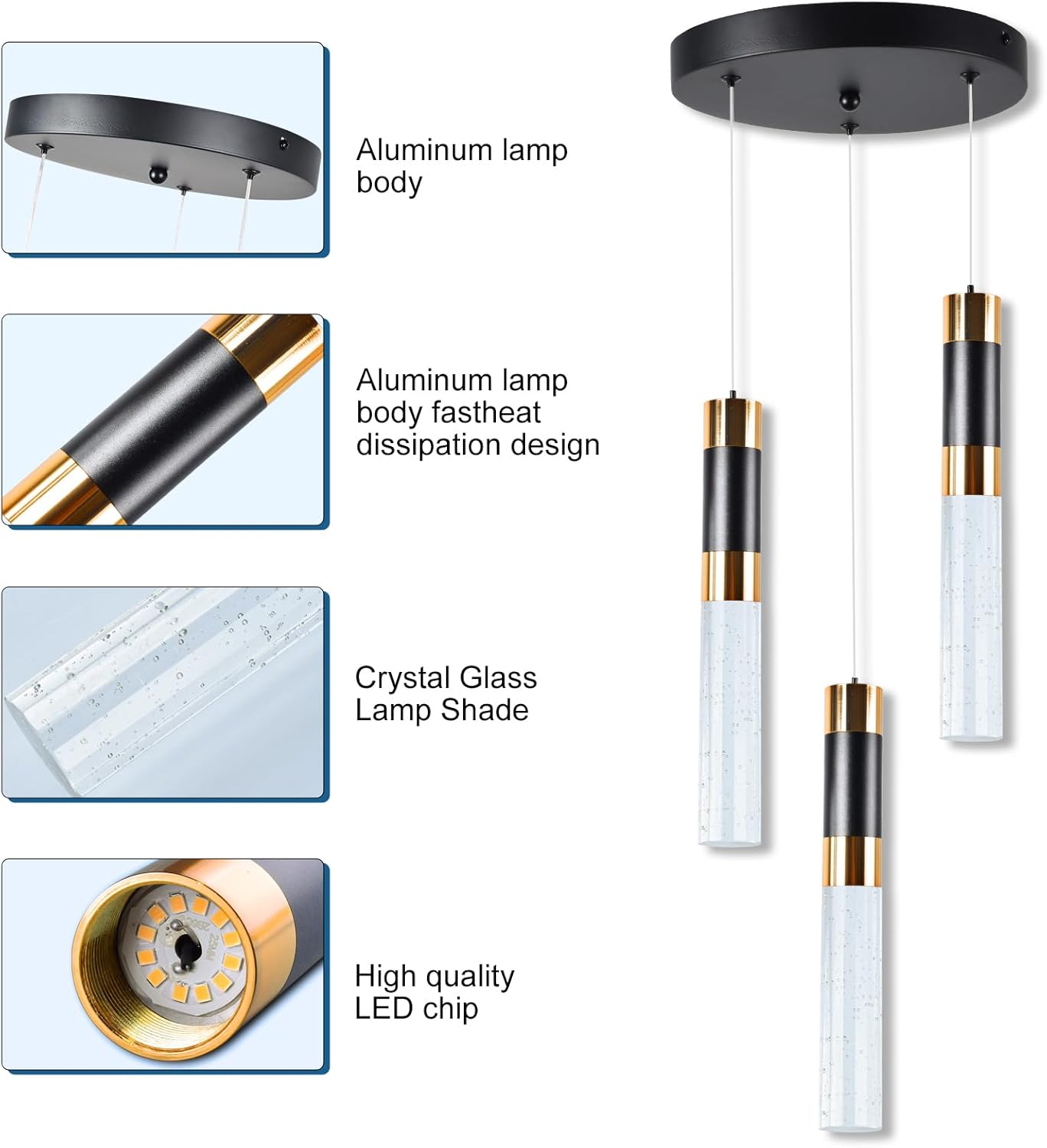 ELEKICO Crystal Modern 3-Light Black and Gold Led Pendant, Light Fixture