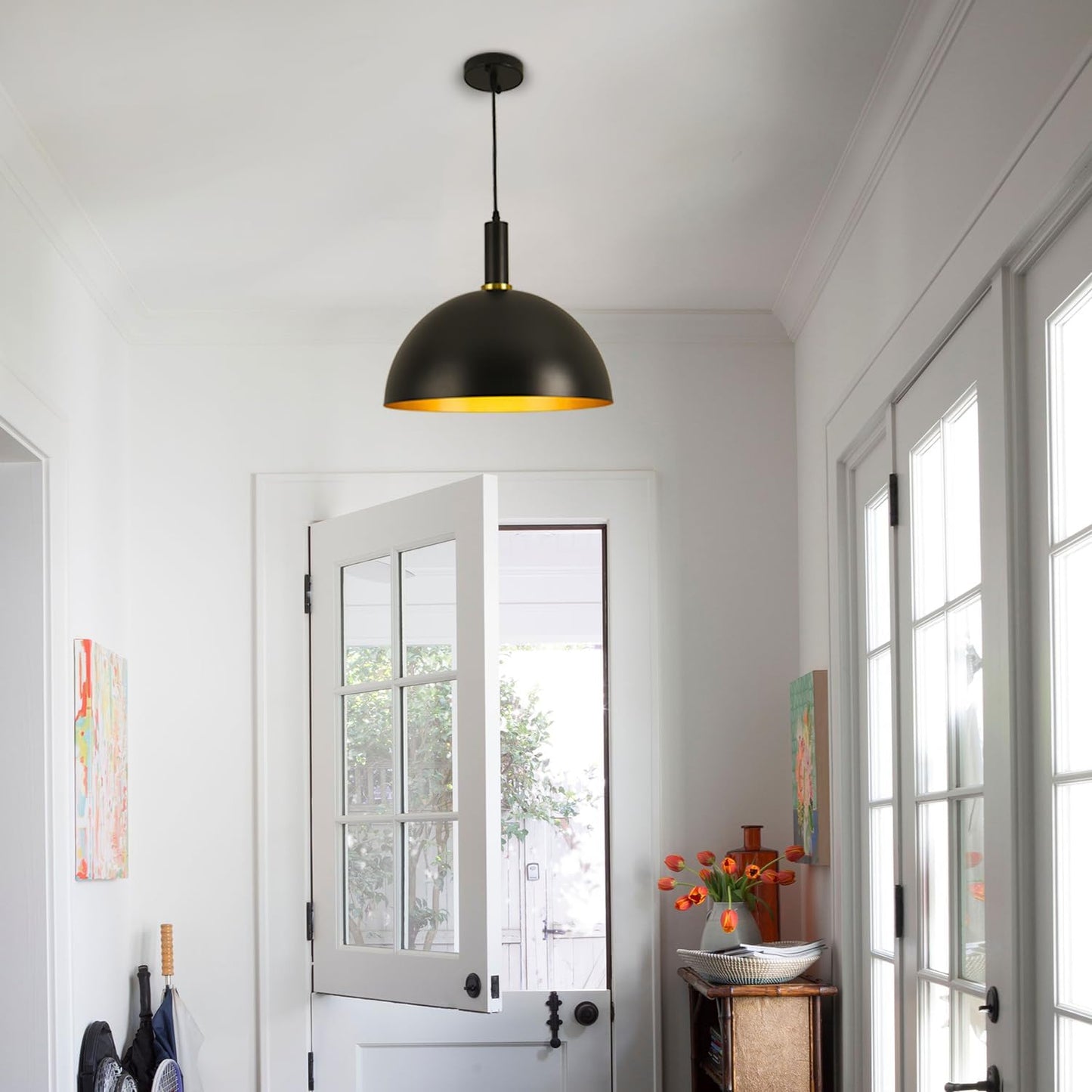 GRUSTRUST 16" Vintage Industrial Dome Pendant Light Black and Gold Large Pendant Lights Kitchen Island Modern Farmhouse Adjustable Hanging