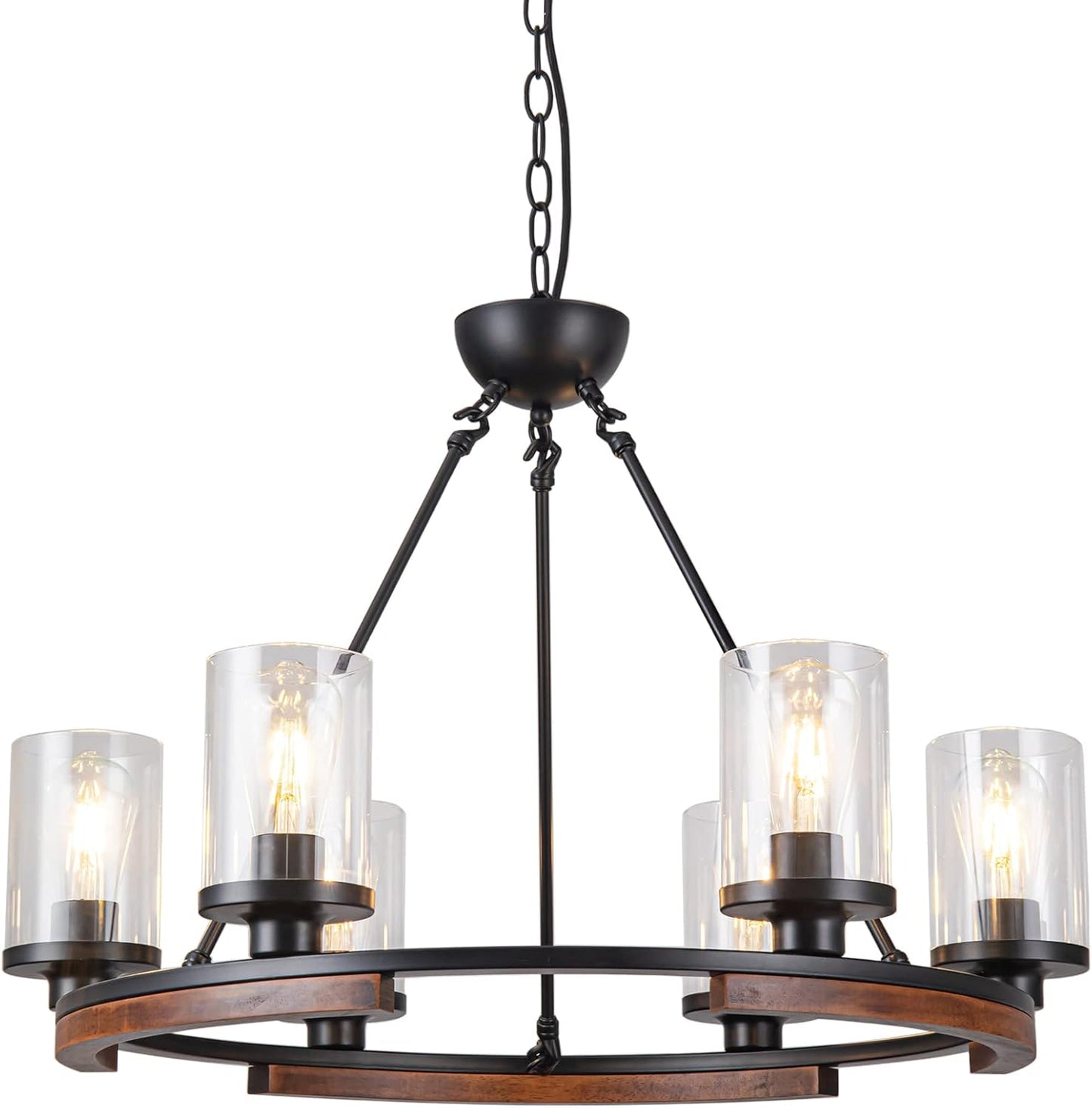 ALBHH 28 Inch Farmhouse Circular Chandelier Above Dining Table, Hanging Pendant Lighting Fixture for Kitchen, Foyer, Entryway, Wood and Black Metal