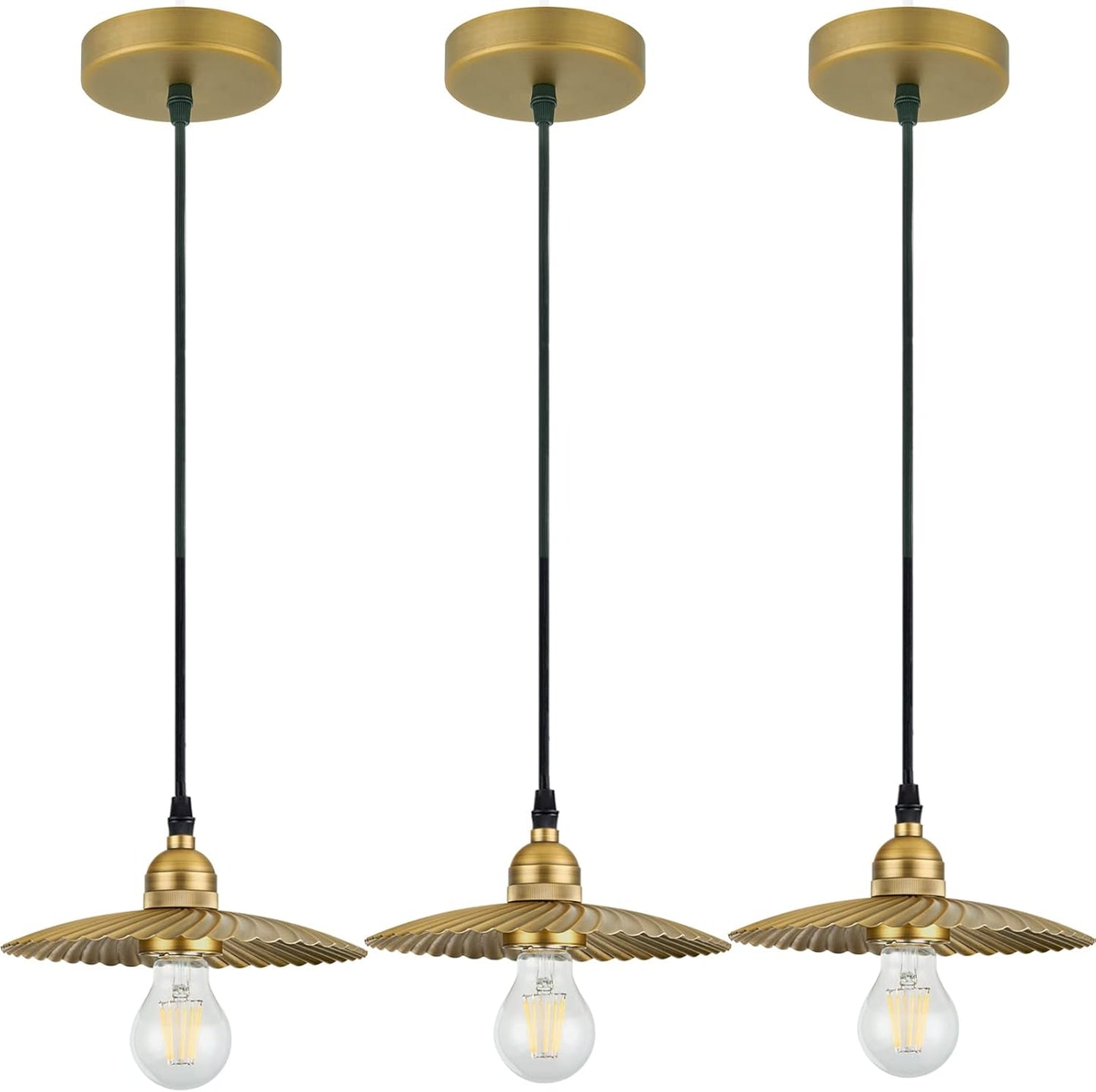 TERLEENART 3 Pack Metal Industrial Farmhouse Pendant Light Fixtures with Unique Swirl Pattern Shade and Aged Brass Finished, Home Decor Art Ceiling
