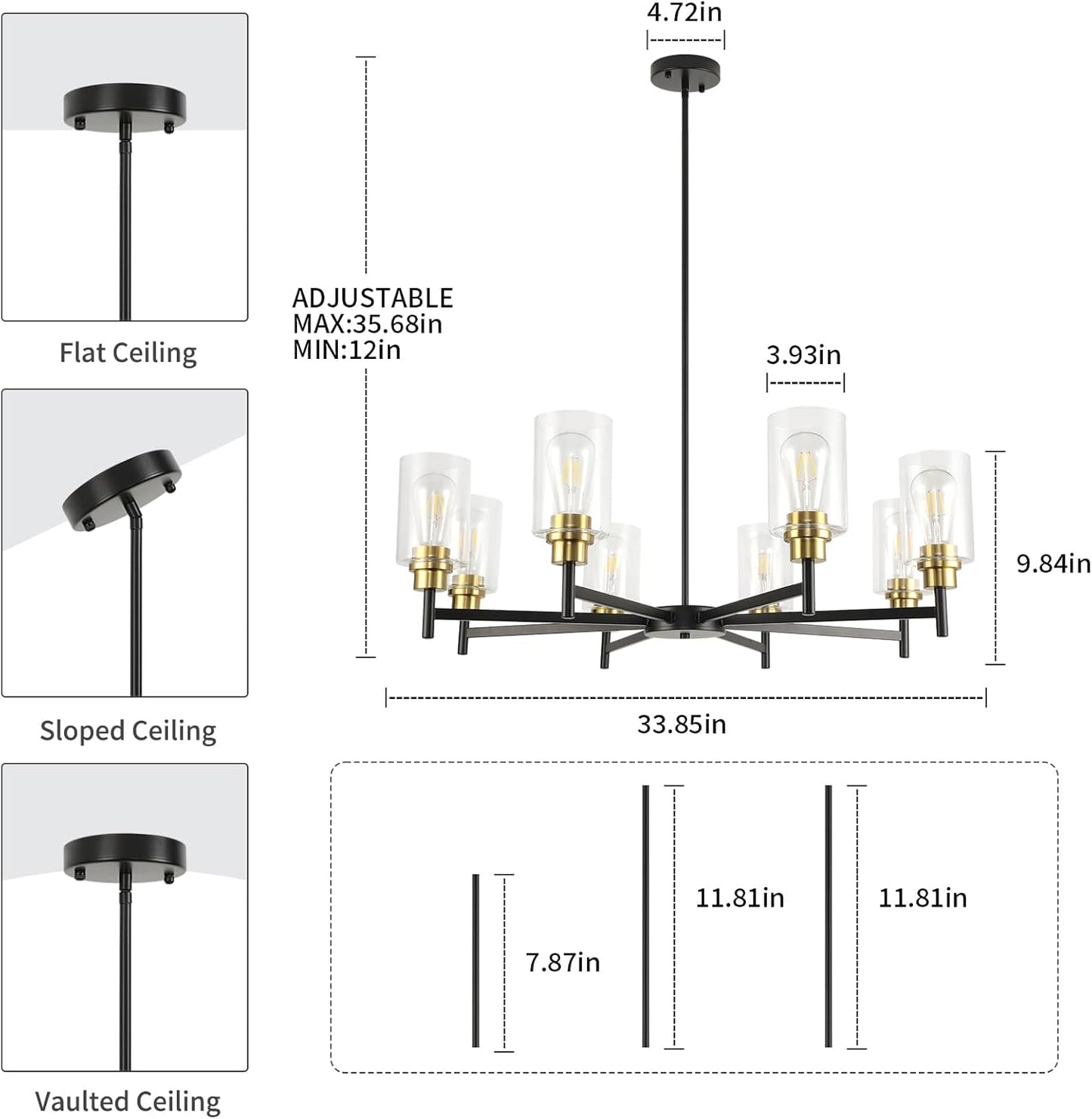 Black Chandelier for Dining Room, Farmhouse Chandelier Light Fixture with Clear Glass Shade 8 Light Industrial Pendant Lights