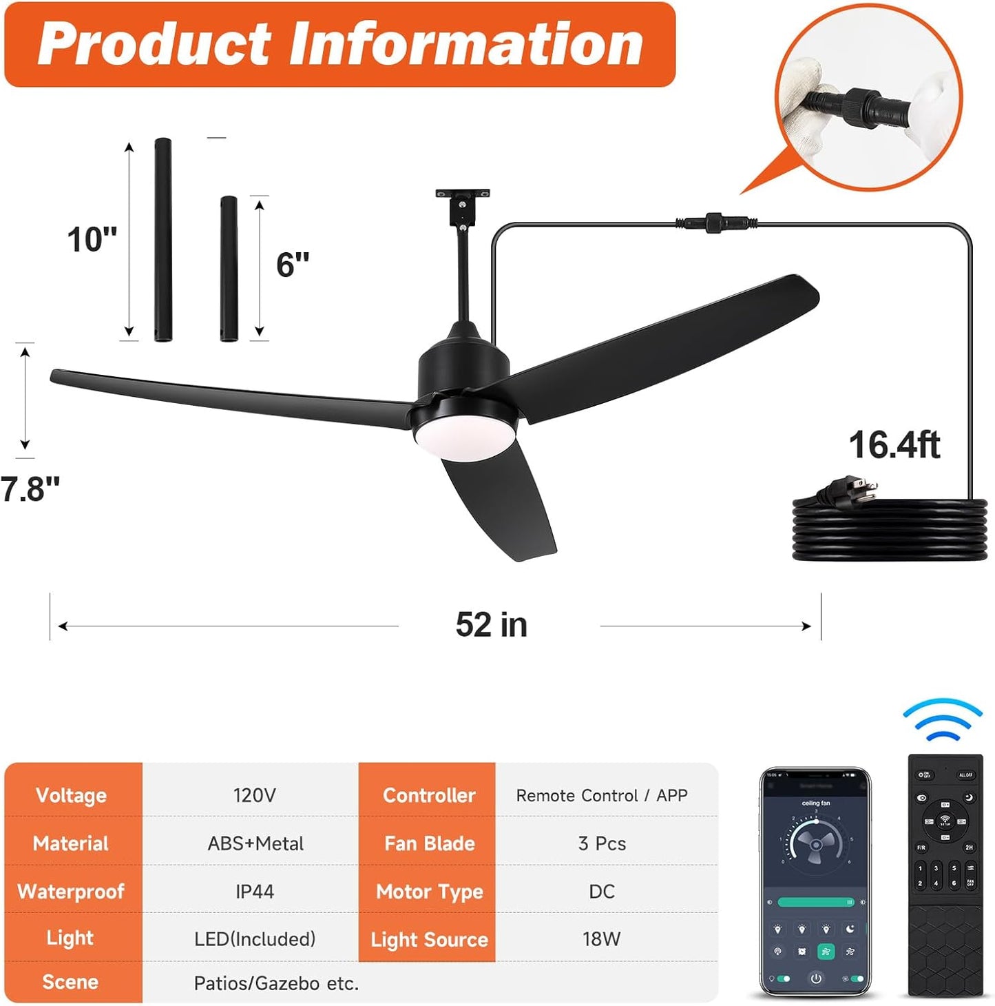 Waterproof Outdoor Ceiling-Fan with Light - 52" Modern Ceiling Fans with 3 Colors LED Light, App & Remote Control, Quiet DC Motor, for Patios
