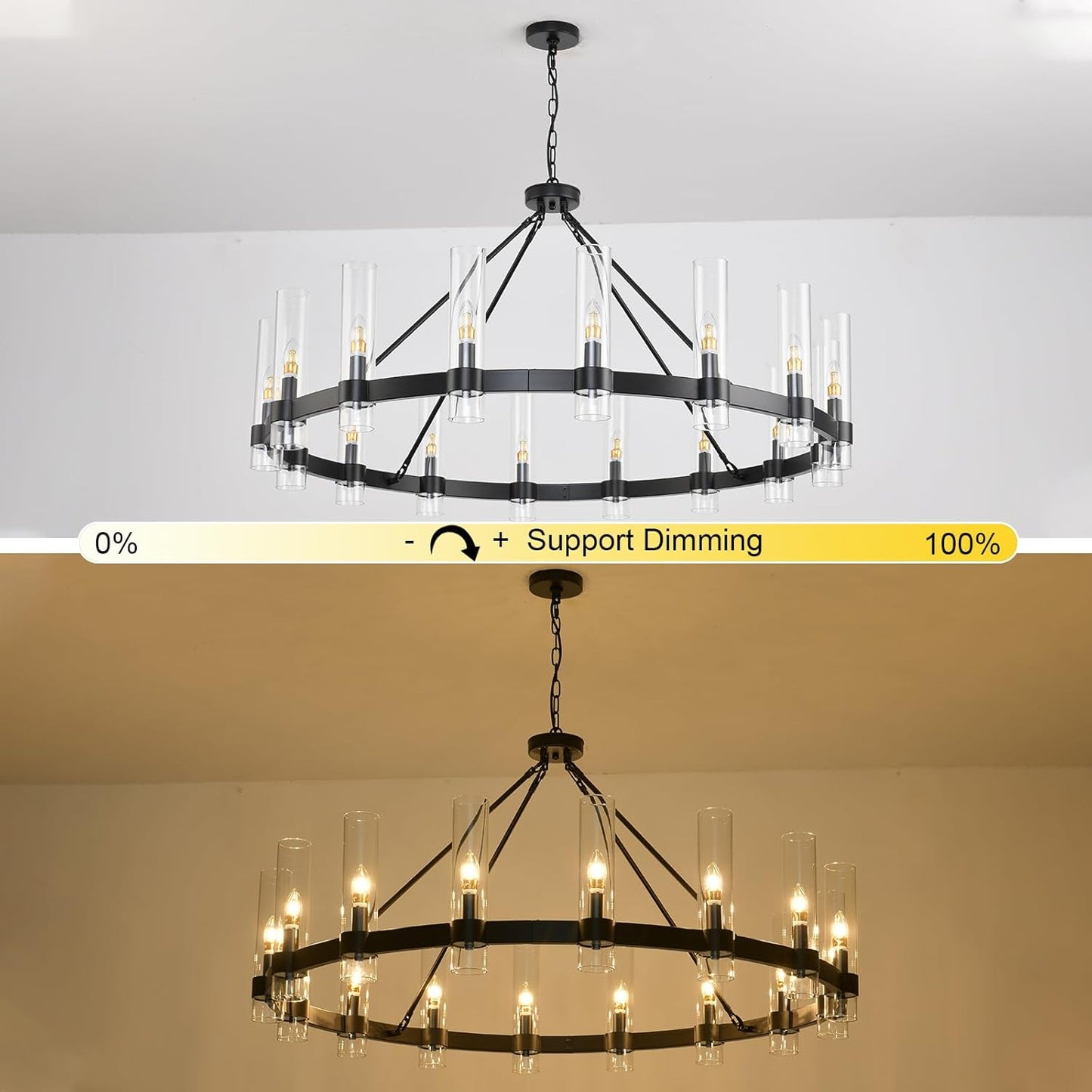 48 Inch Black Wagon Wheel Chandelier with Glass Shade, 16-Lights Black Farmhouse Chandeliers for High Ceilings, Large Round Indu