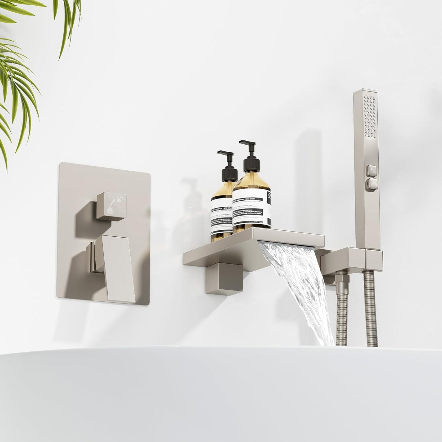Wall Mount Tub Faucets with Waterfall Tub Spout, Wall Mounted Bathtub Faucet with Handheld Sprayer Bathroom Tub Filler Shower Bathtub Faucet Set, Tub Faucet Sets Rough-in Valve, Brushed Nickel