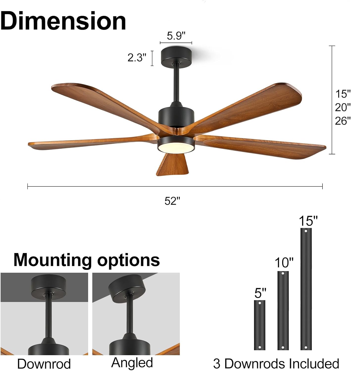 BOOSANT 52' Modern Ceiling Fan with Lights and Remote Control, 5 Solid Wood Blades 6-Speed Noiseless Reversible DC Motor, Ceiling Fan for Bedroom,
