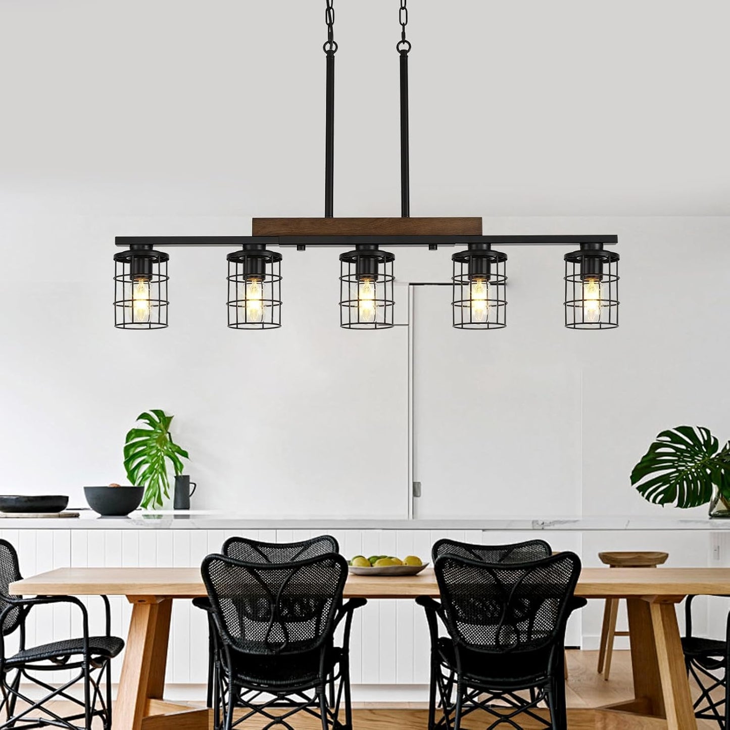 Dining Room Light Fixture/Chandelier Over Table, 36.2-Inch Hanging for Farmhouse Linear Chandeliers,5-Light Kitchen Island Lighting, Black Rustic