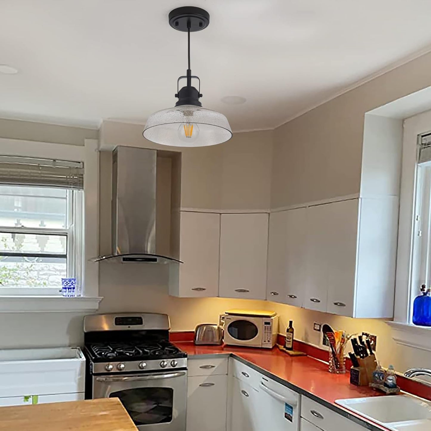 Edzemuwa Vintage Pendant Lighting, Seeded Bubble Glass Hanging Light, Industrial Pendant Light Fixtures for Kitchen Island, Farmhouse, Bar, Bathroom,