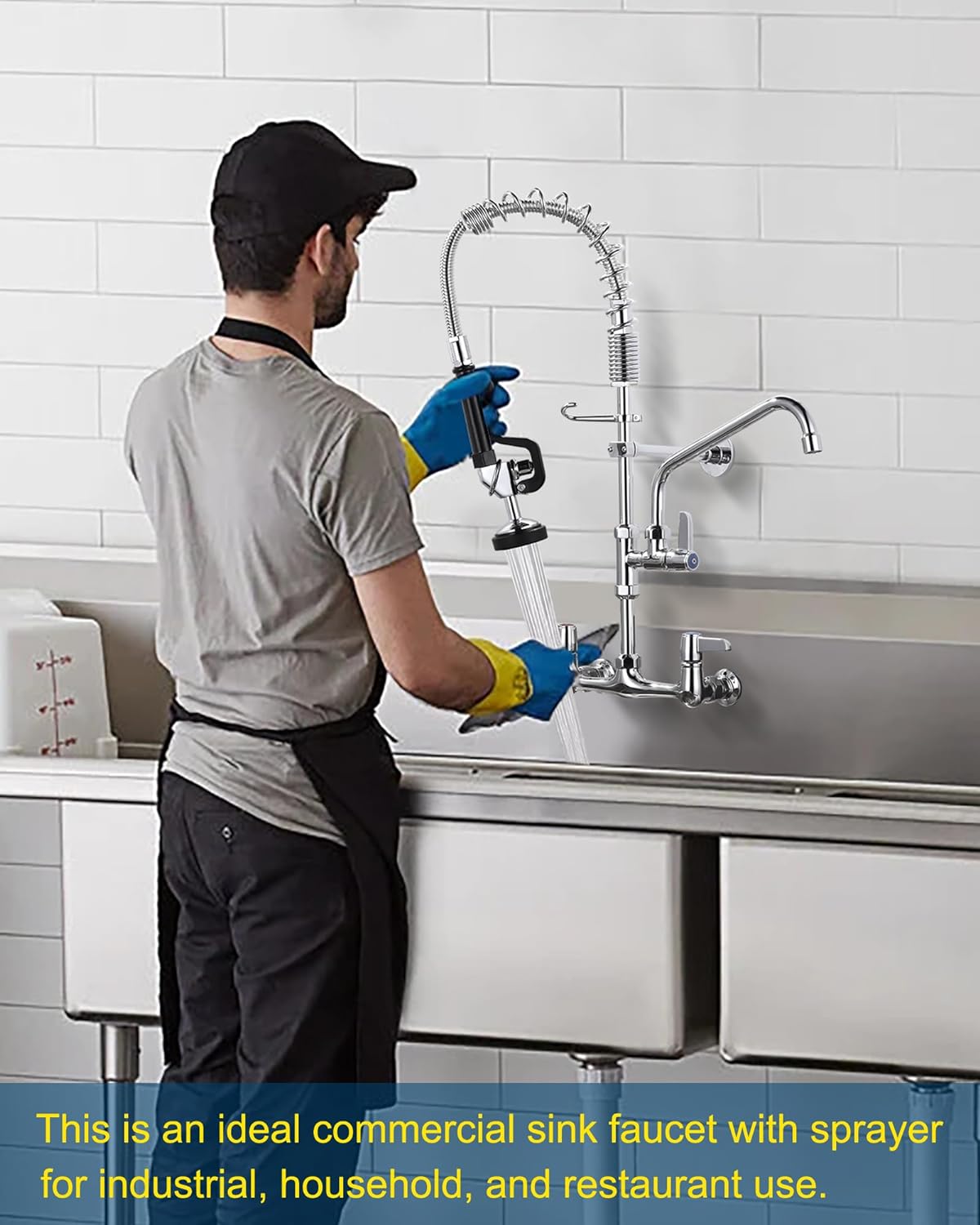 Commercial Kitchen Faucet Wall Mount with Pre-Rinse Sprayer - ARCORA Industrial Restaurant 25' Height 8'' Center Compartment Sink Faucet with 9.6'