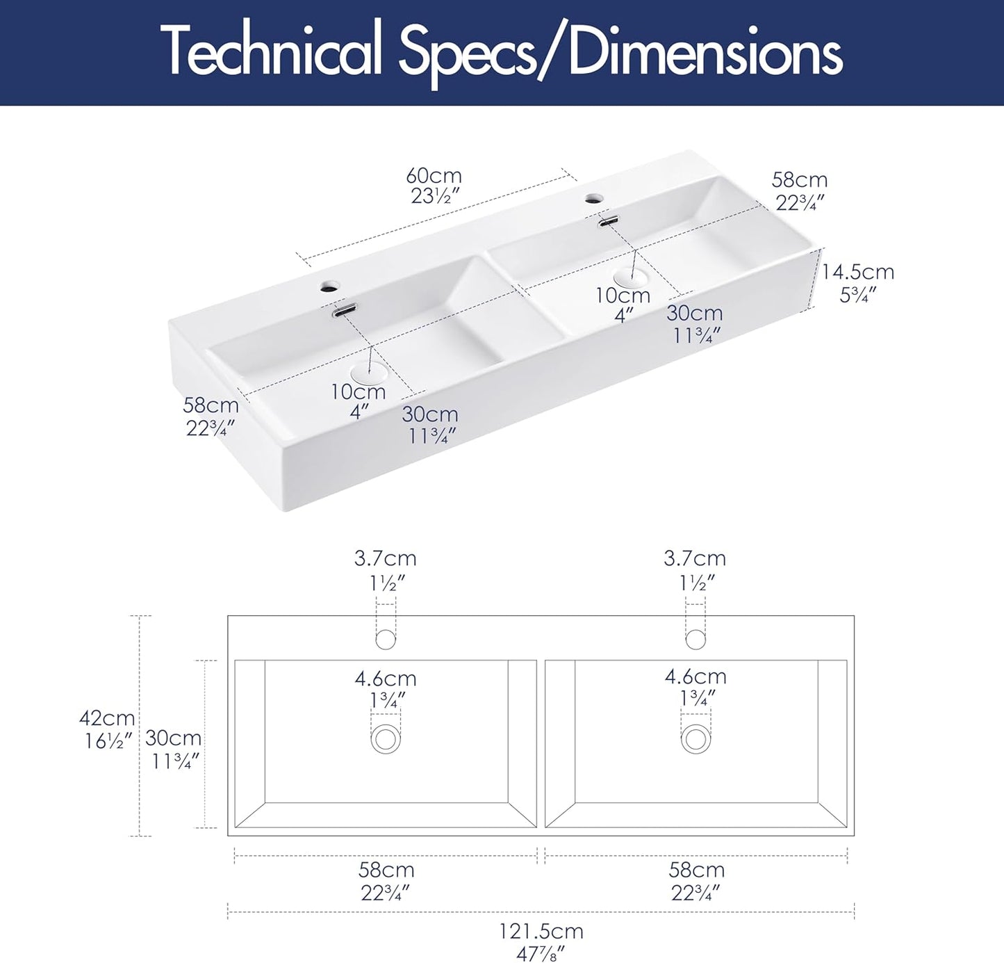 Eridanus 48" x 16.5" Bathroom Sinks, Trough Sink Bathroom with Double-Bowl & Chrome Overflow, Wall Mou