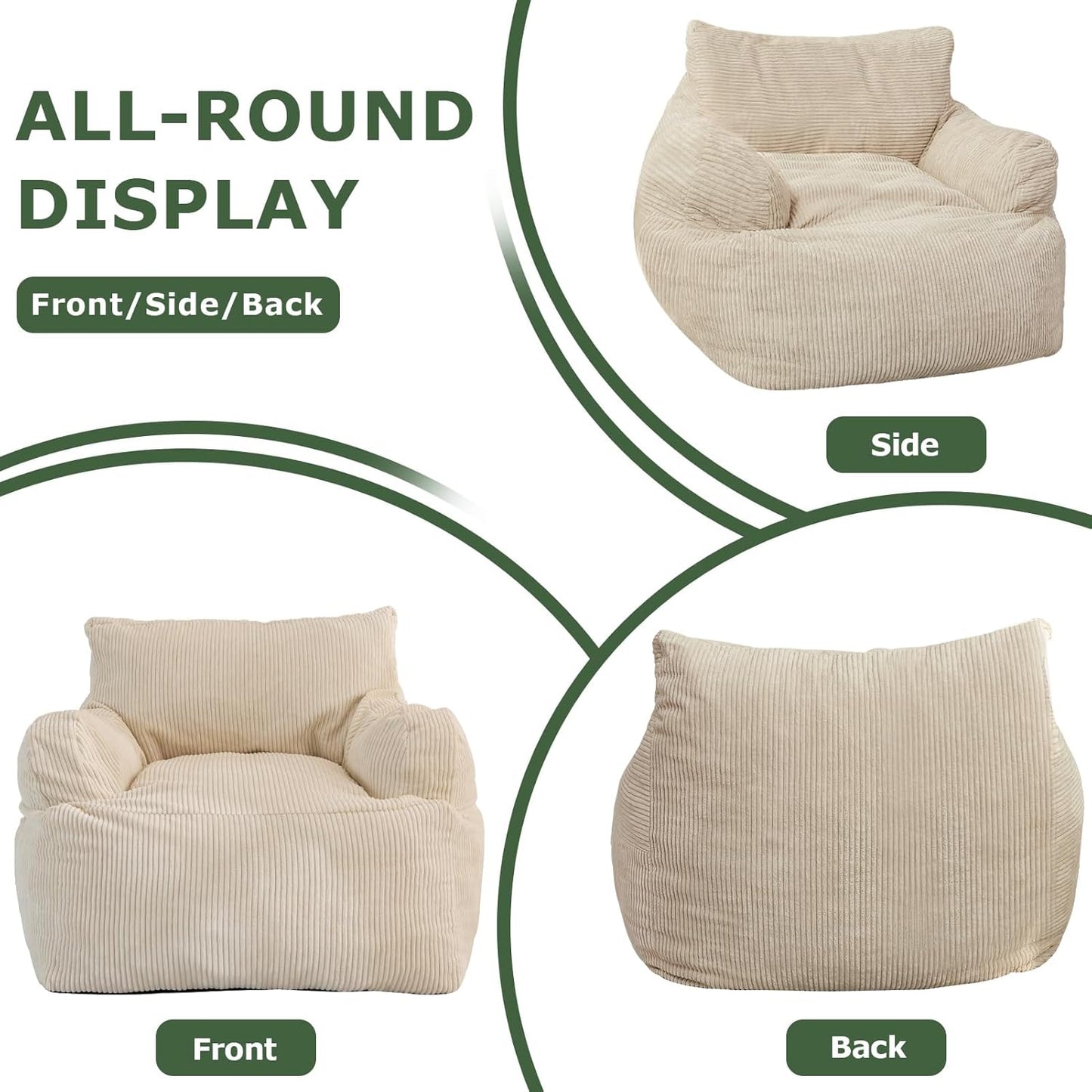 Giant Bean Bag Chair Sofa, Big Comfy Chair for Bedroom Living Room, Bean Bag Lazy Chair for Adults with Pocket Armrests for Gaming, Reading, Beige