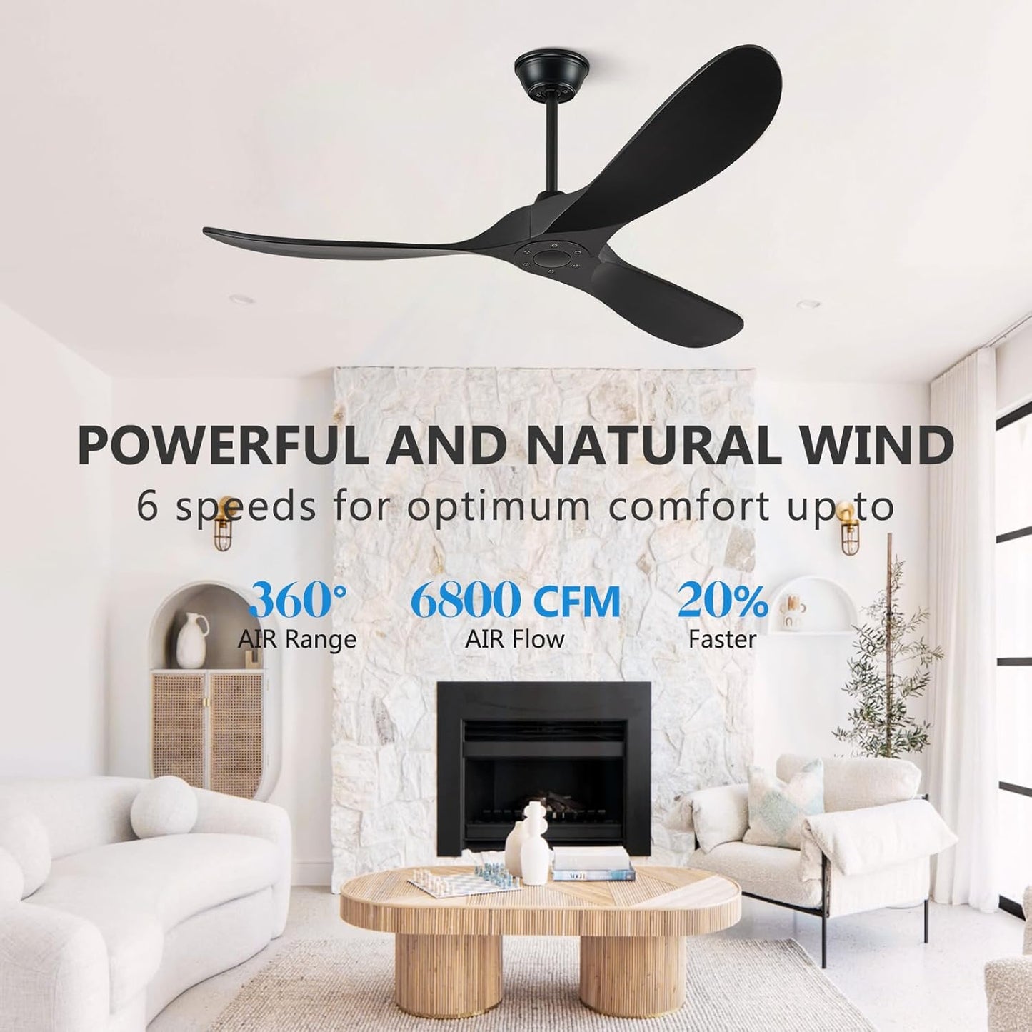 Eliora Ceiling Fan without Light, 52" Wood Ceiling Fan no Light with Remote Wall Switch, Outdoor Ceiling Fan for Patio, Porch, Bedroom, 6 Speed,