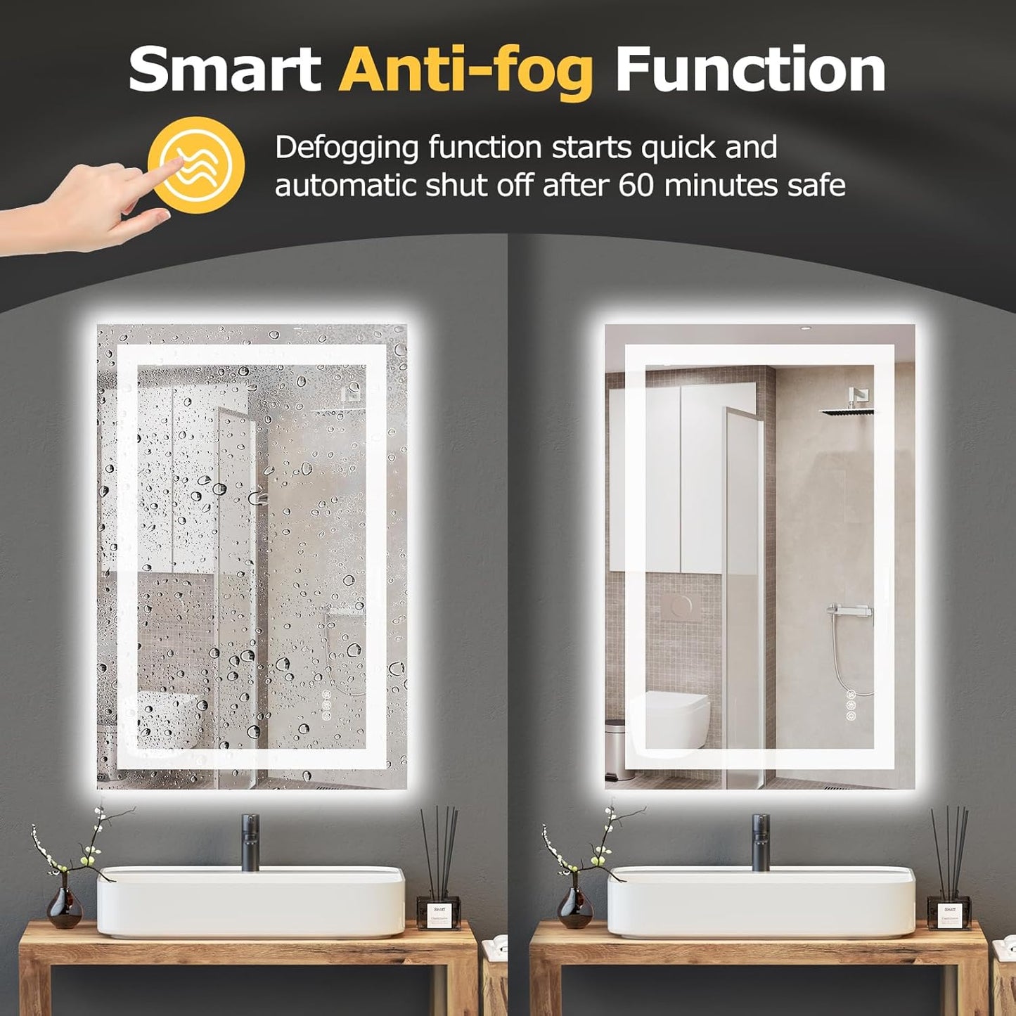 Hivone LED Bathroom Mirror with Lights 24"x 36" Wall Vanity LED Mirror Stepless Dimmable,Double Front and Backlight,Anti-Fog,Memory Smart