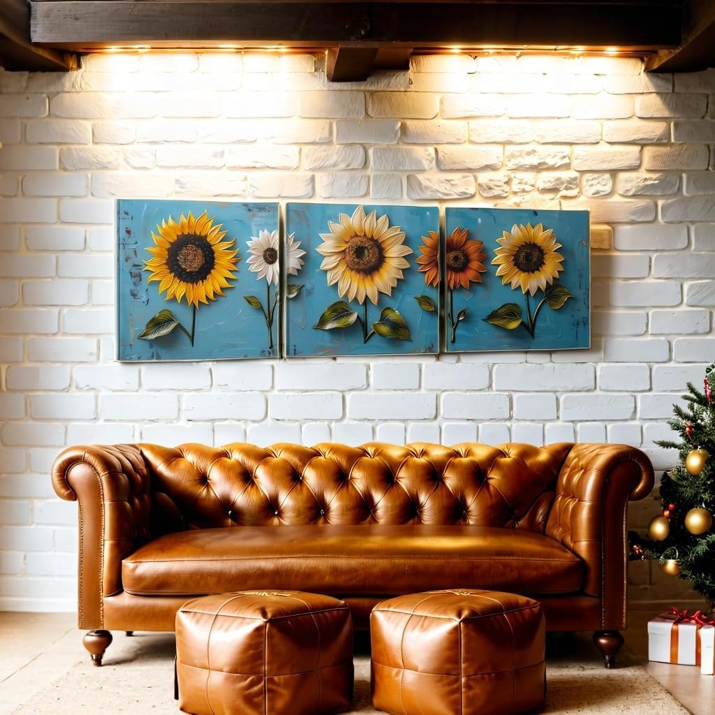SSRTK 3 Piece Set Large Living Room Sunflower Painting Textured Wall Art Canvas Flower Wall Decor for Women's Room Modern Home Bedroom Oil