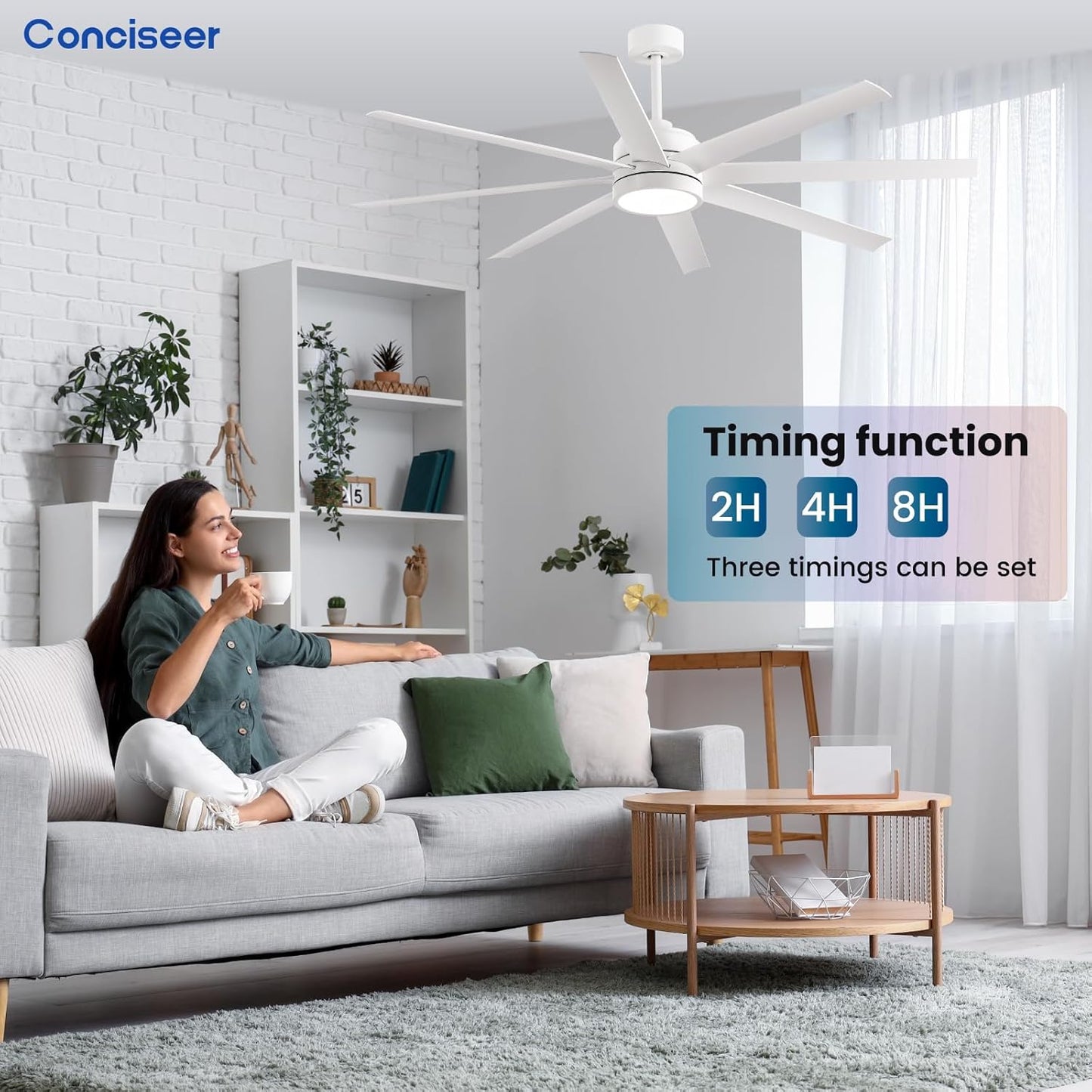 Modern Ceiling Fans with Lights, 65 Inch Ceiling Fans with Remote for Bedroom Living Room Kitchen, 8 Blades 6 Speed Reversible Quiet DC Motor White