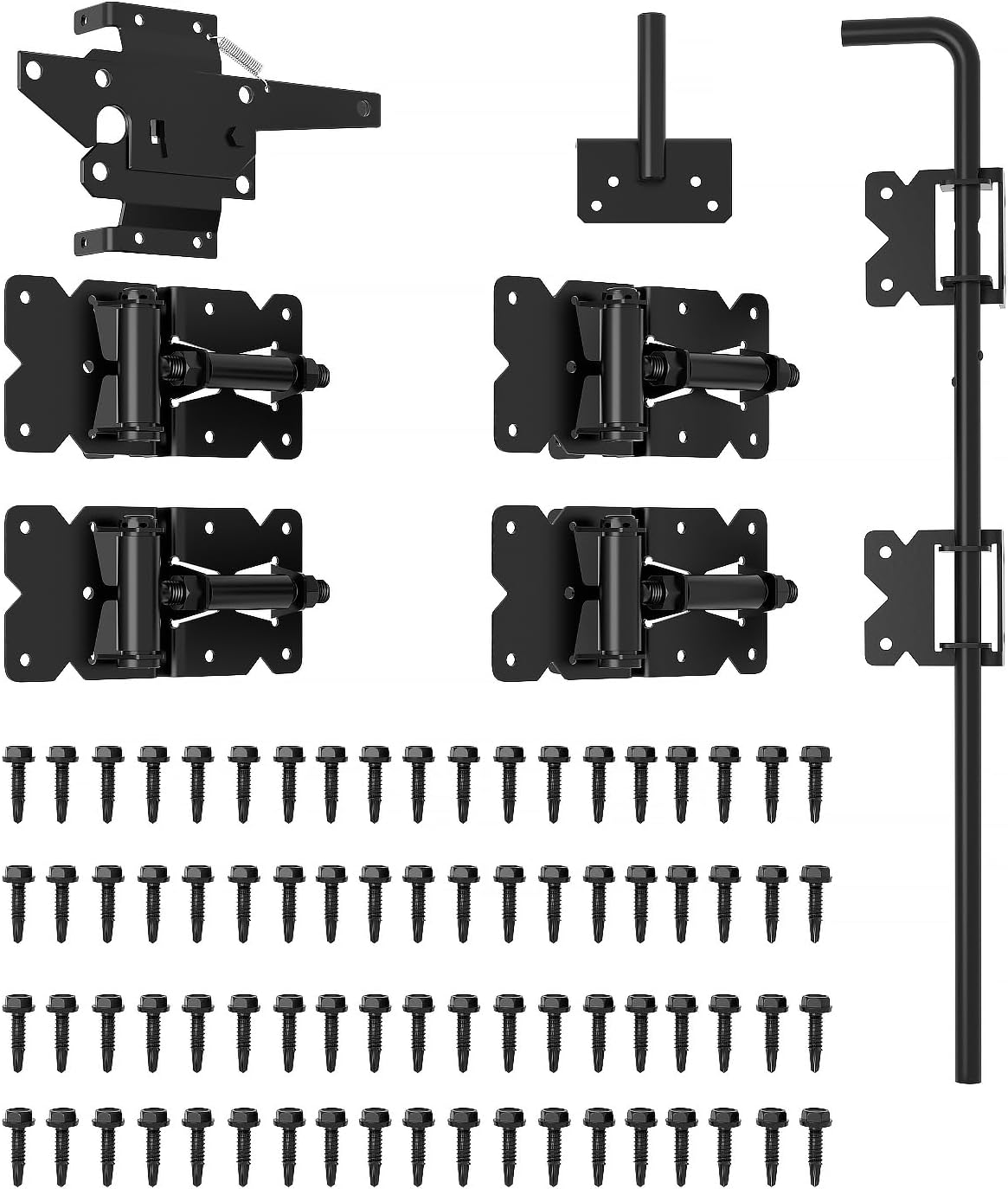 SANKEYTEW Self Closing Fence Gate Hinges, Latch, 24.01" Drop Rod - Easy to Install, Black Plastic Spraying - Extra-Thick Rod for Wood, Vinyl,