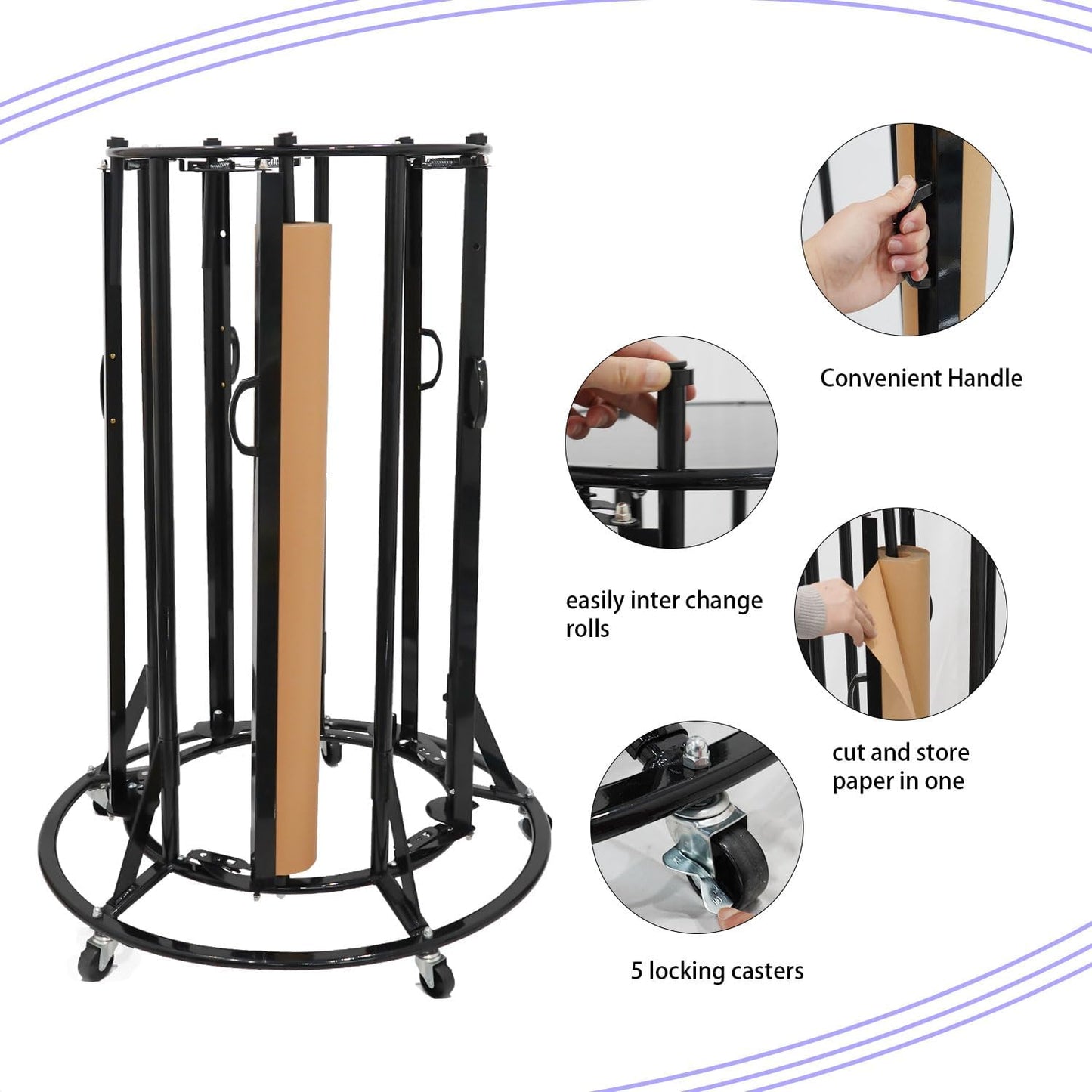 Paper Roll Holder, 5-Roll Paper Rack, Kraft Paper Roll Dispenser, Heavy Duty Metal
